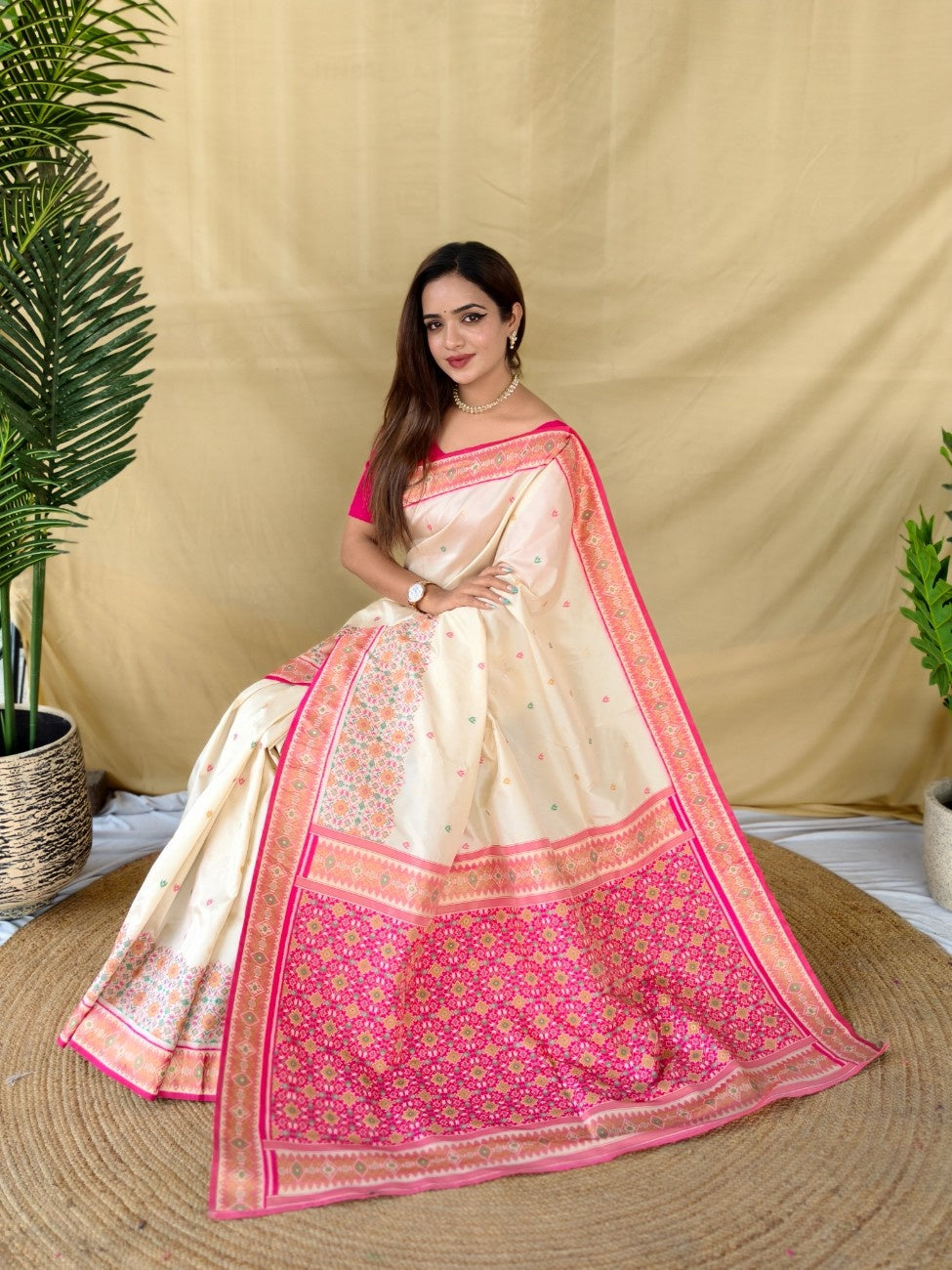 Mameraa Sarees Ivory Soft Silk Saree With Multi Thread Zari Contrast Patola Border And Pallu-Ivory