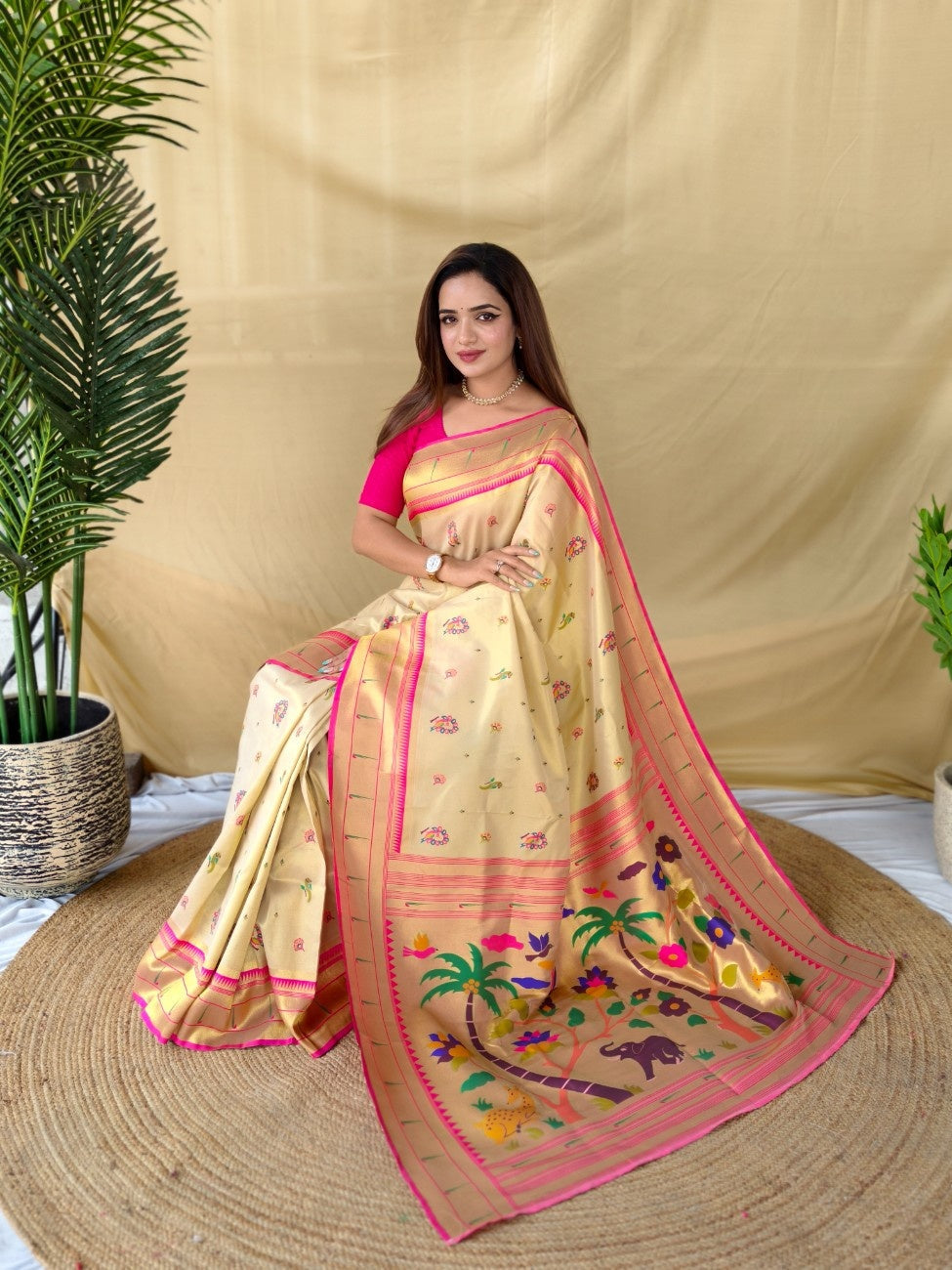 Mameraa Sarees Cream Elegant Tissue Silk Saree-Ivory