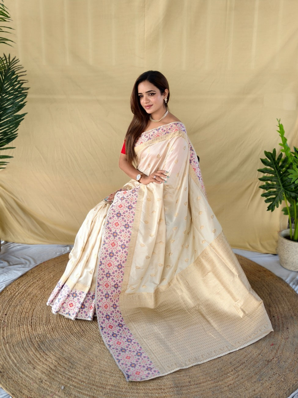 Mameraa Sarees Elegant Ivory Soft Silk Saree-Ivory