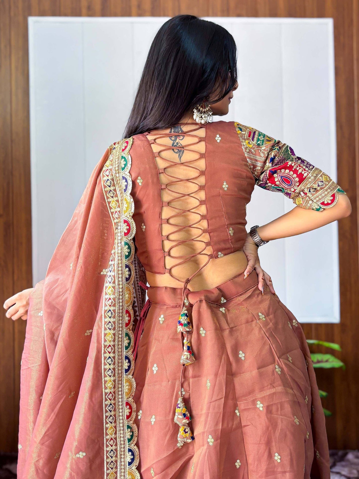 Tulsi Art Elegant Rust Silk Sequins Embroidered Lehenga Choli With Dupatta