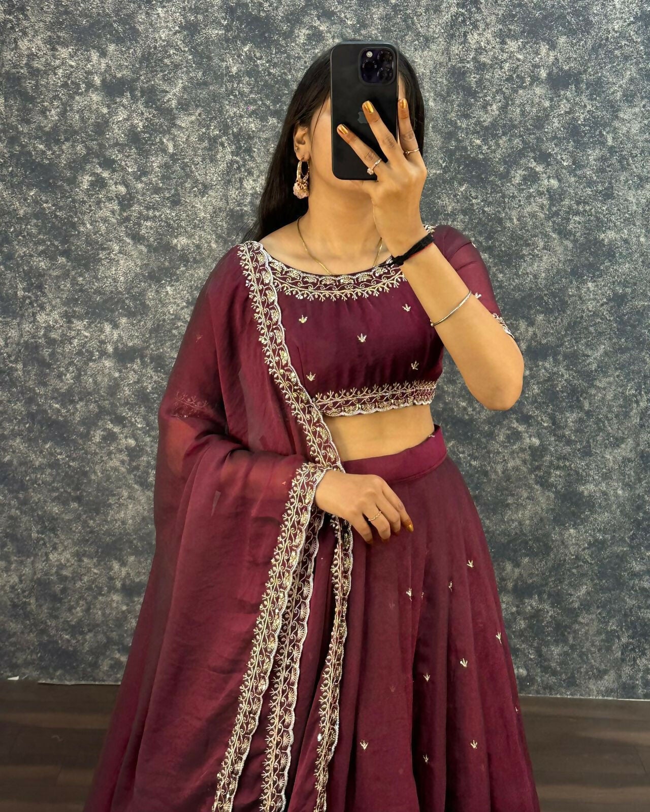 Teeya Creation Womens New Trendy Radiant Wine Hand-Embroidered Silk Lehenga Choli Set