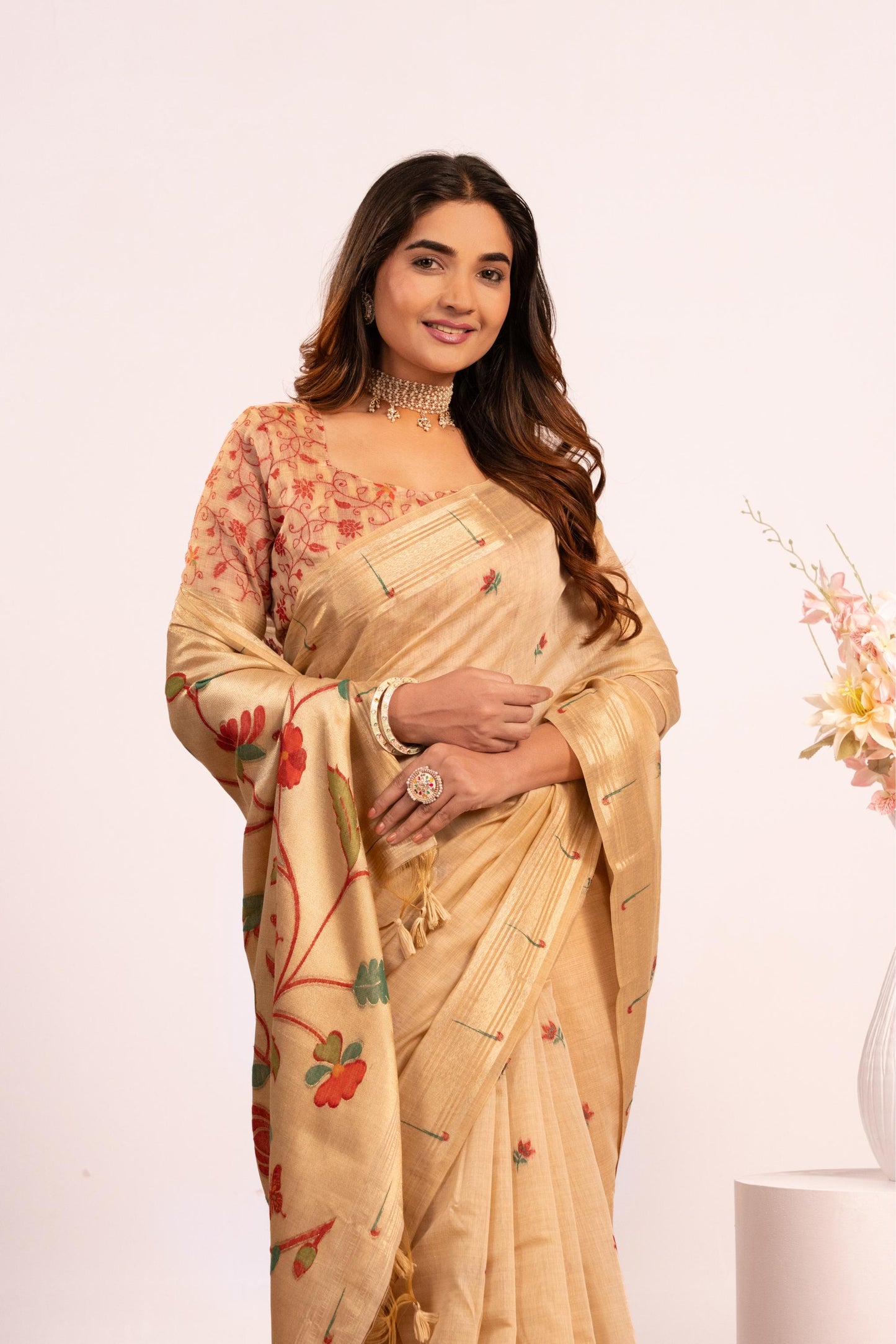 Jyoti Fashion Women's Chiku Muga Cotton Zari Woven Saree with Blouse