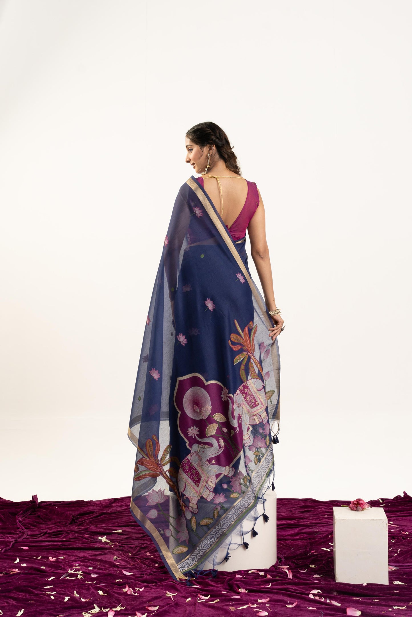 Jyoti Fashion Women's Navy Blue Soft Muga Cotton Zari Woven Saree with Blouse