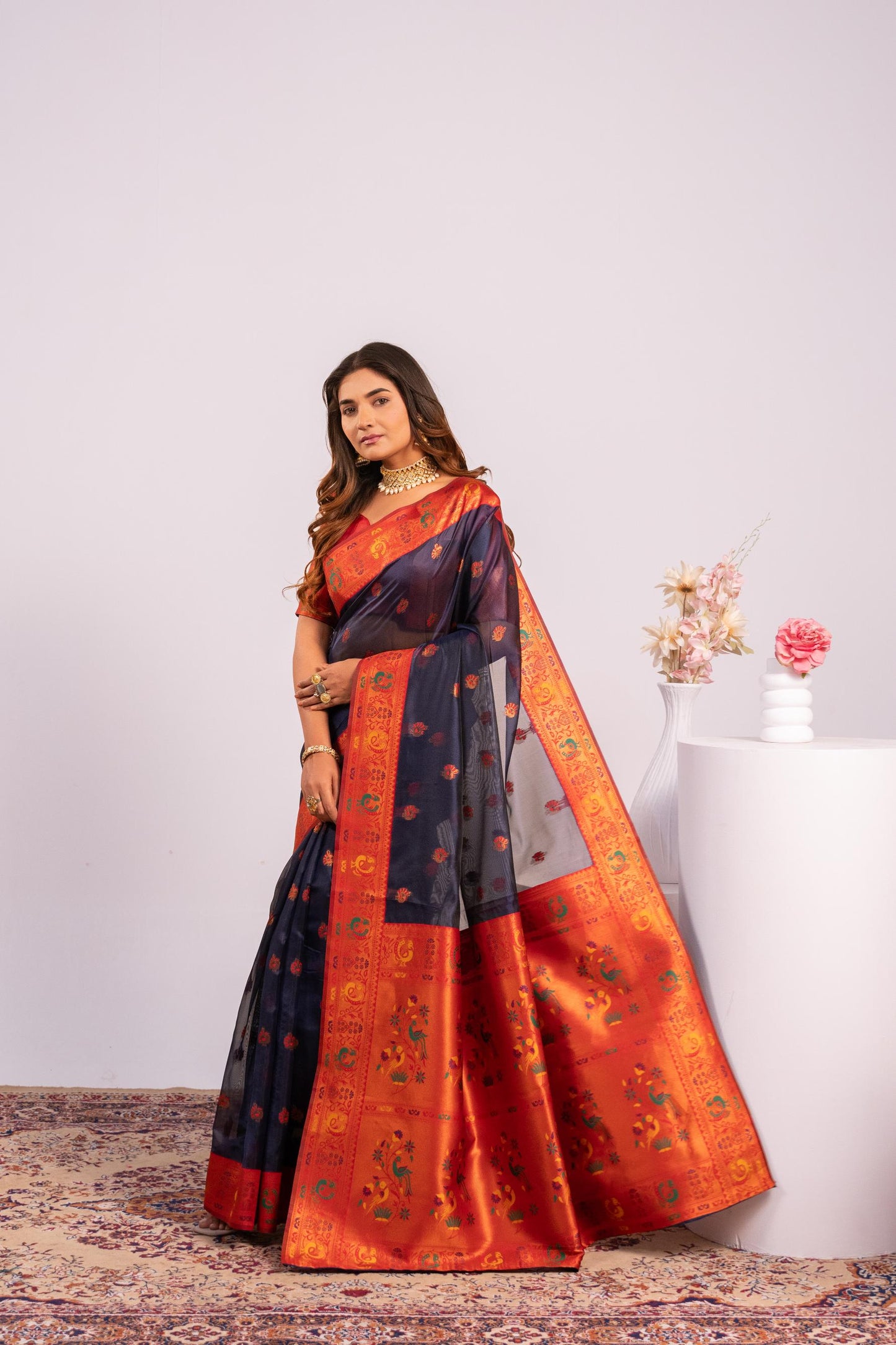 Jyoti Fashion Women's Blue Soft Tissue Silk Zari Woven Saree with Blouse