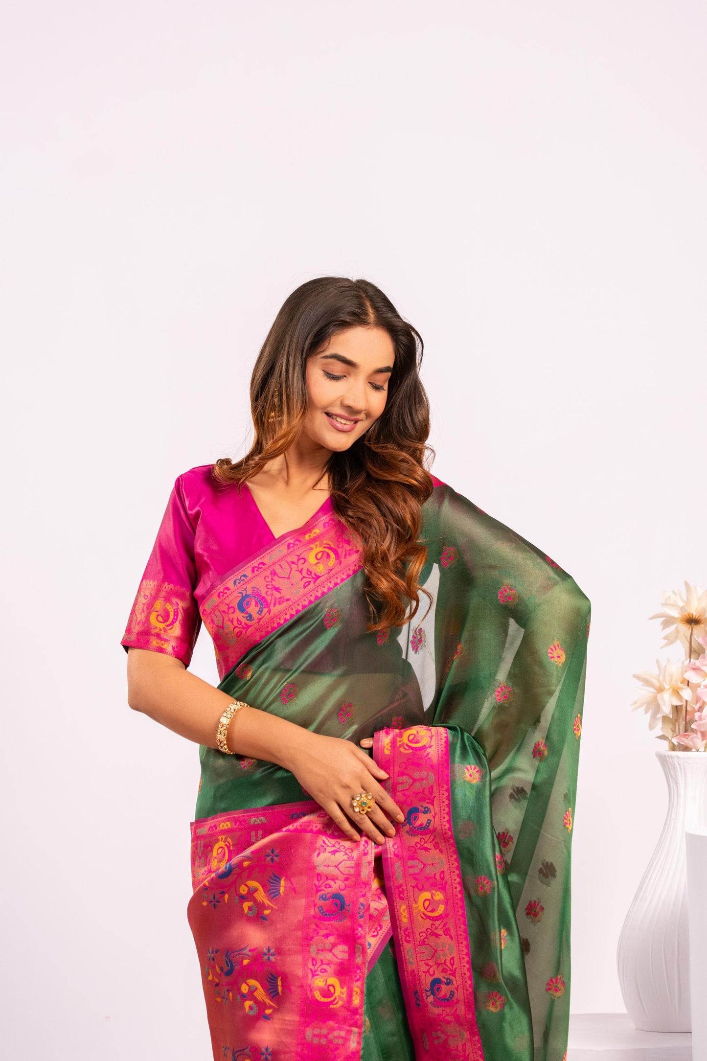 Jyoti Fashion Women's Green Soft Tissue Silk Zari Woven Saree with Blouse