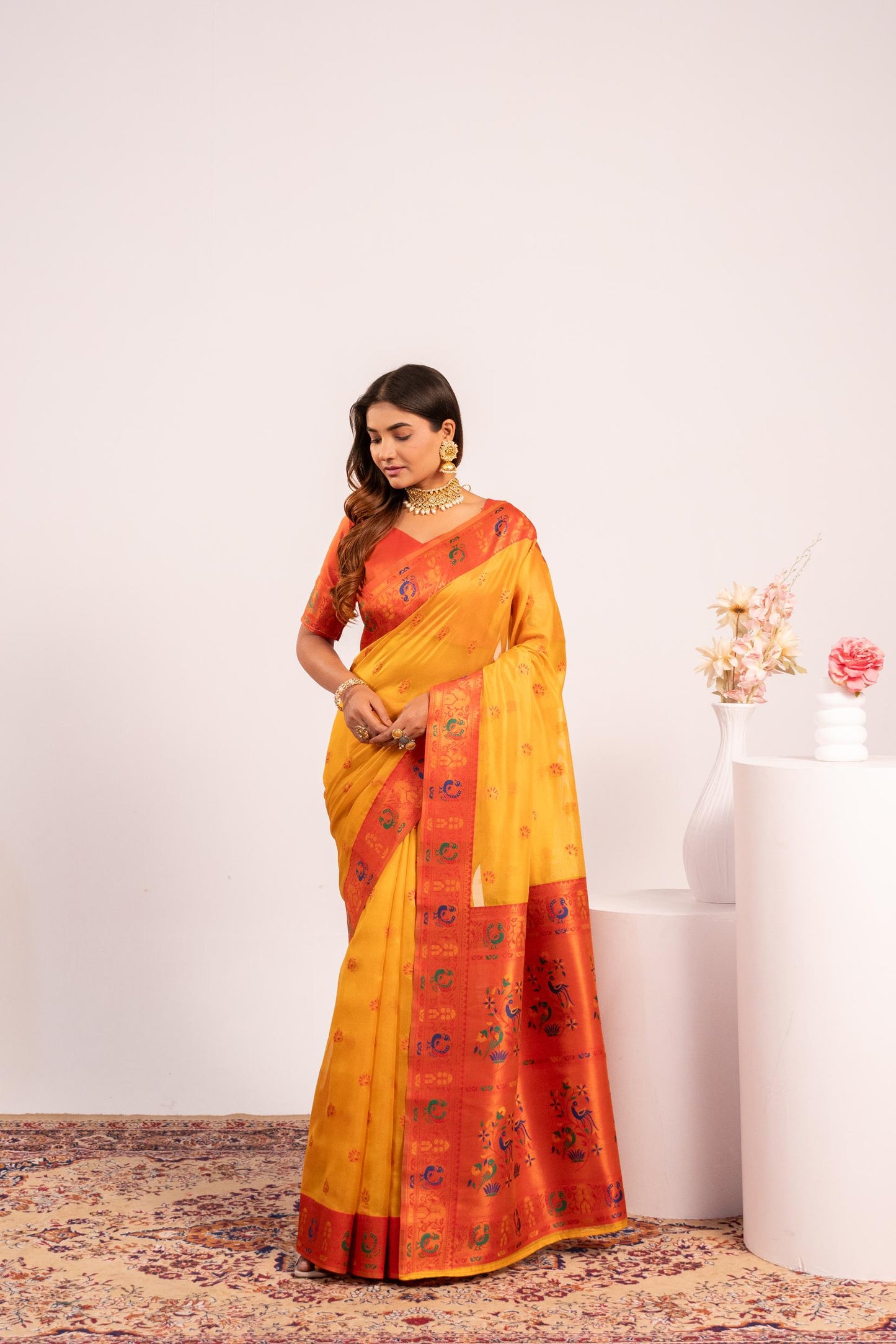 Jyoti Fashion Women's Yellow Soft Tissue Silk Zari Woven Saree with Blouse