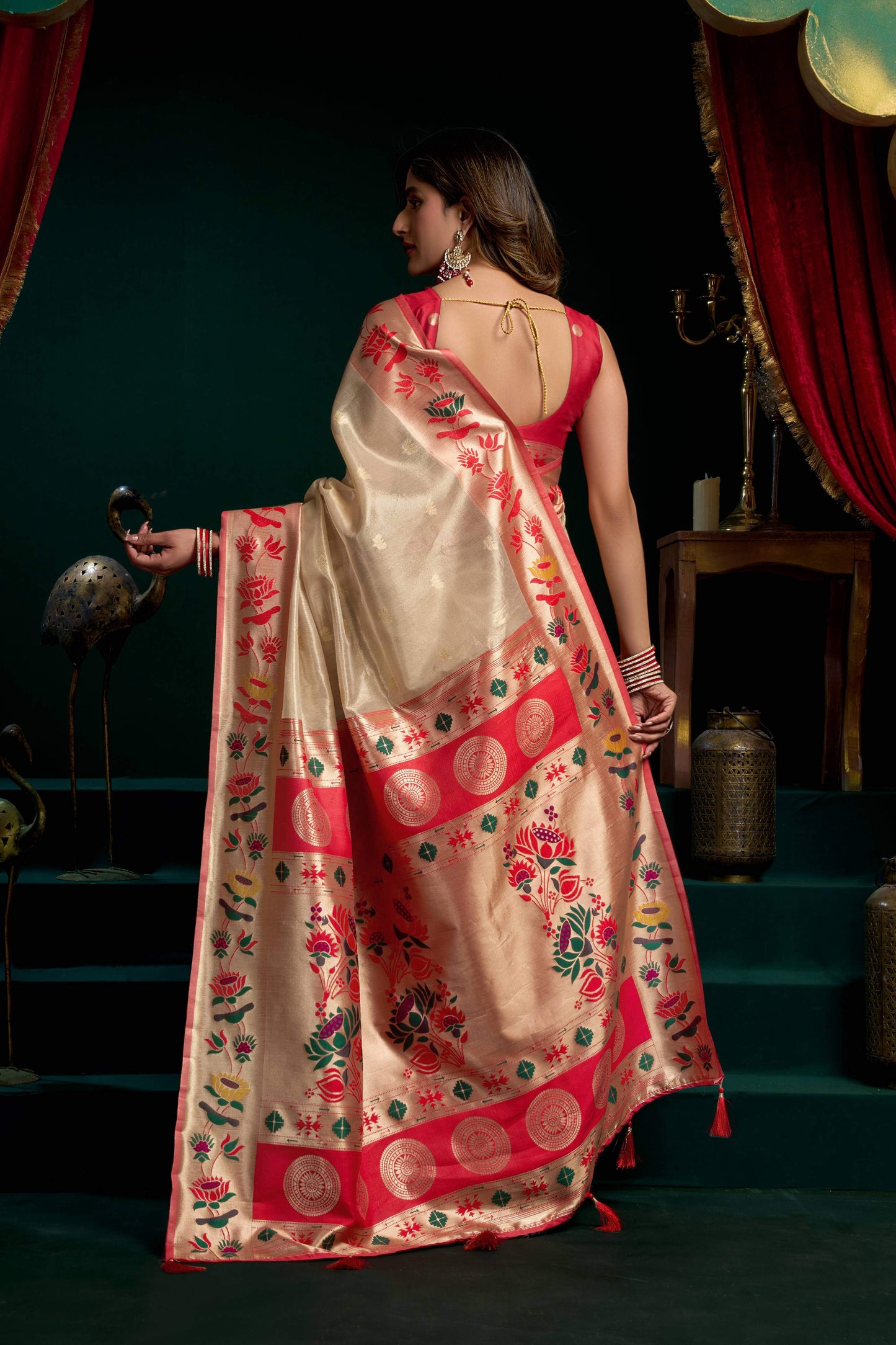 Jyoti Fashion Women's Cream Tissue Paithani Zari Woven Saree with Blouse