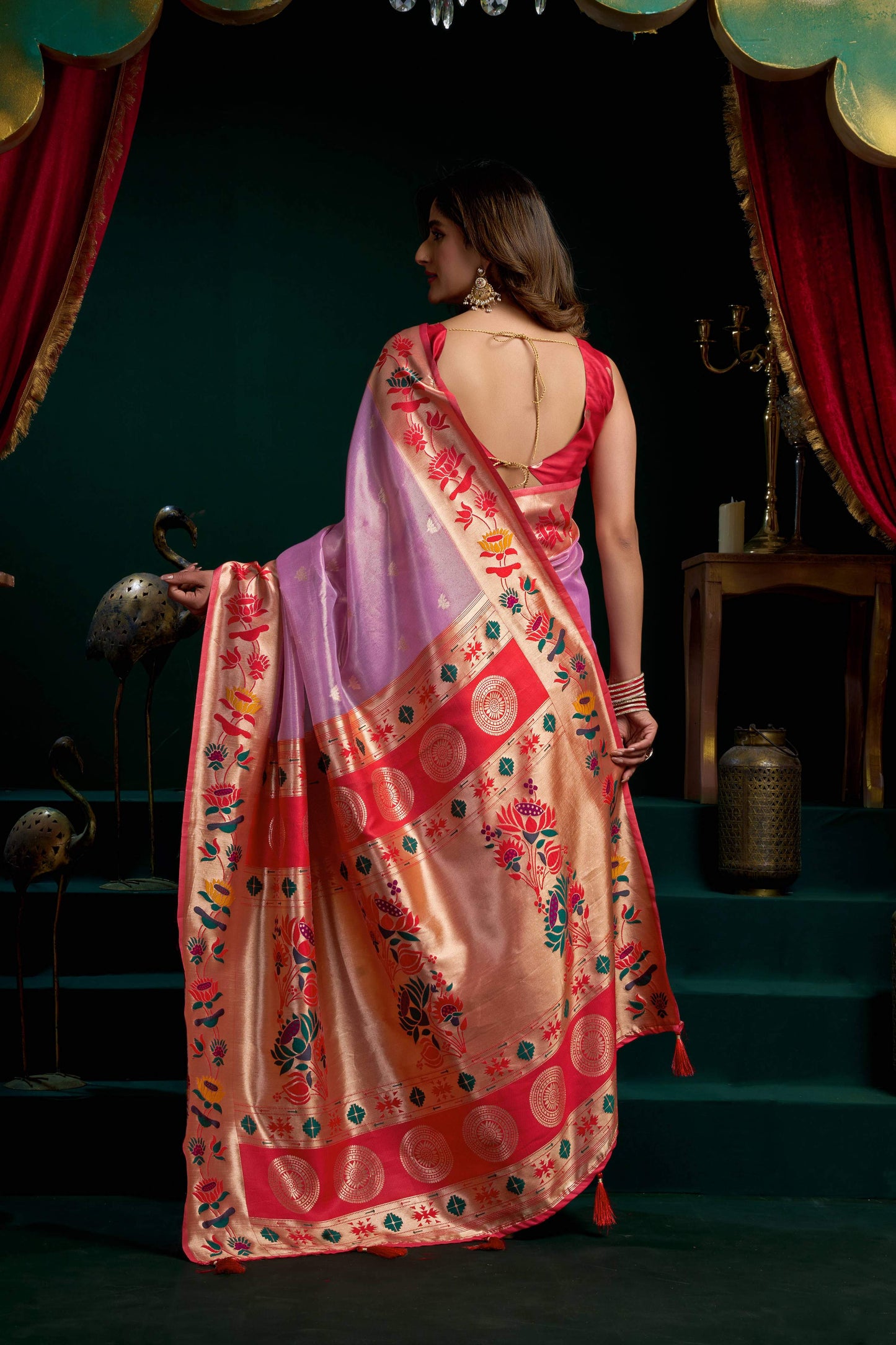 Jyoti Fashion Women's Purple Tissue Paithani Zari Woven Saree with Blouse