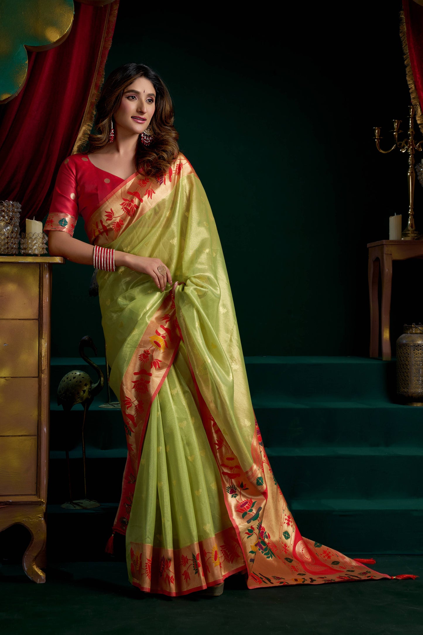 Jyoti Fashion Women's Green Tissue Paithani Zari Woven Saree with Blouse