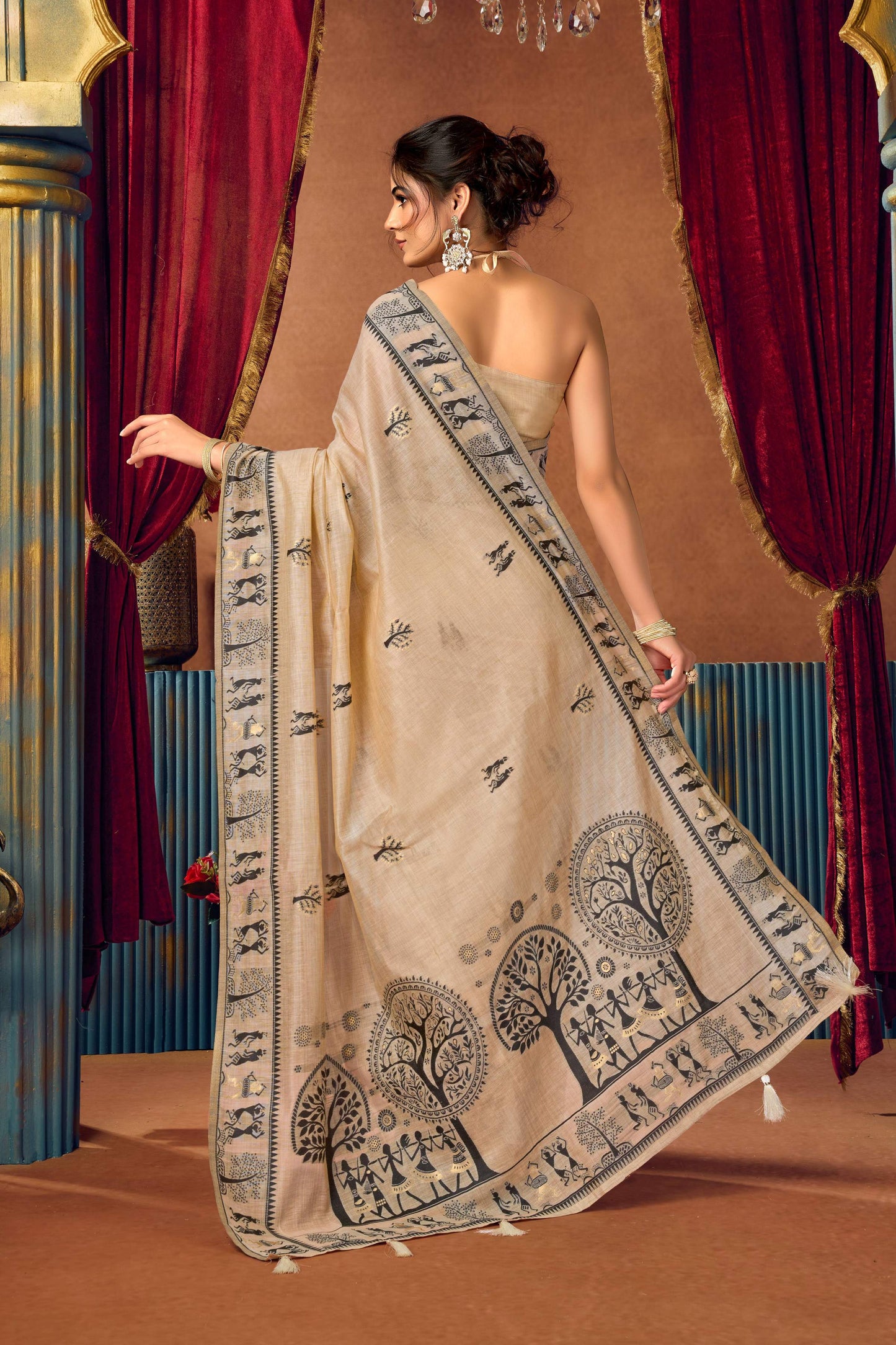Jyoti Fashion Women's Beige Modal Zari Woven Saree with Blouse