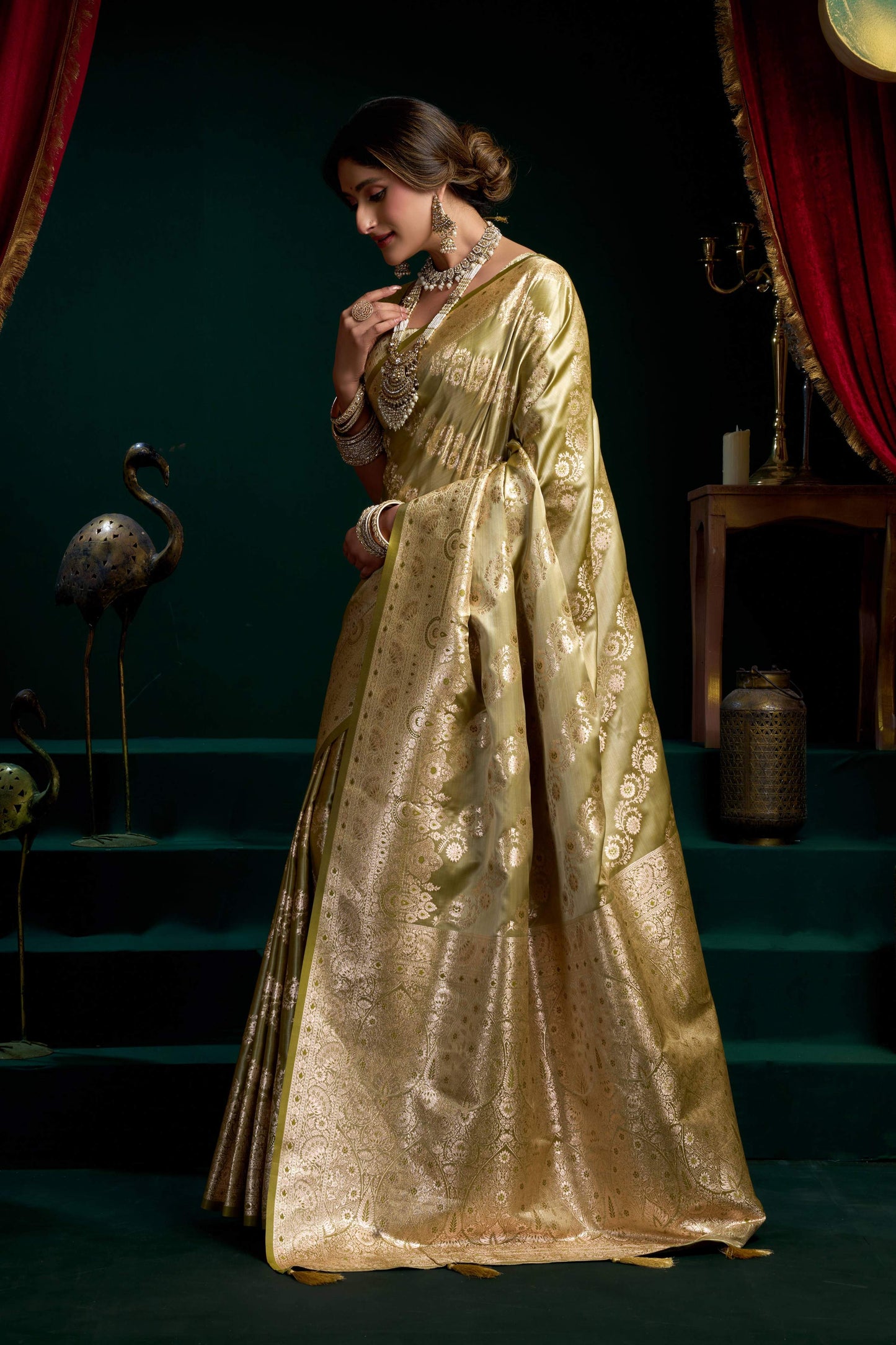 Jyoti Fashion Women's Mehendi Satin Silk Zari Woven Saree with Blouse