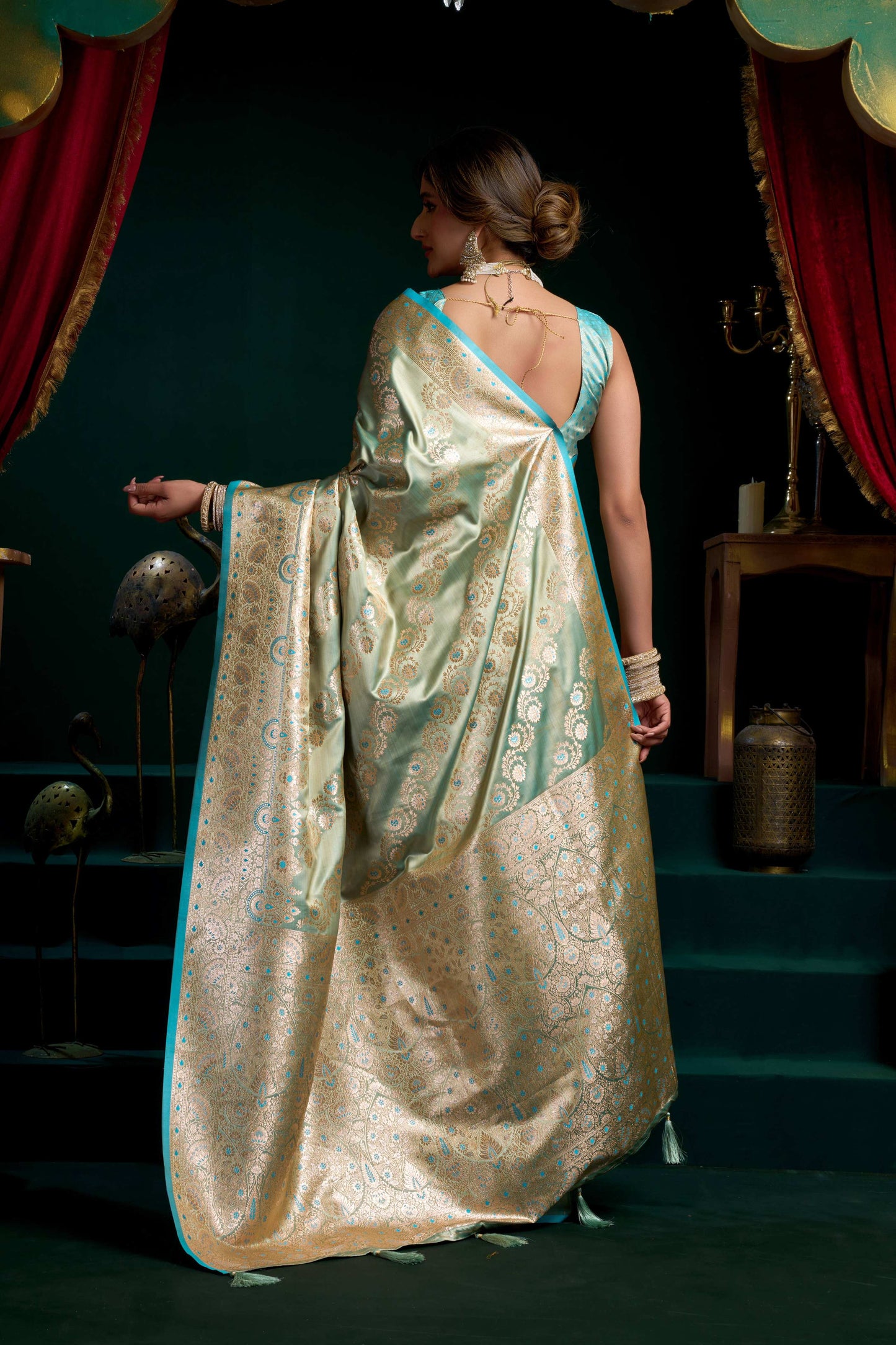 Jyoti Fashion Women's Turquoise Satin Silk Zari Woven Saree with Blouse