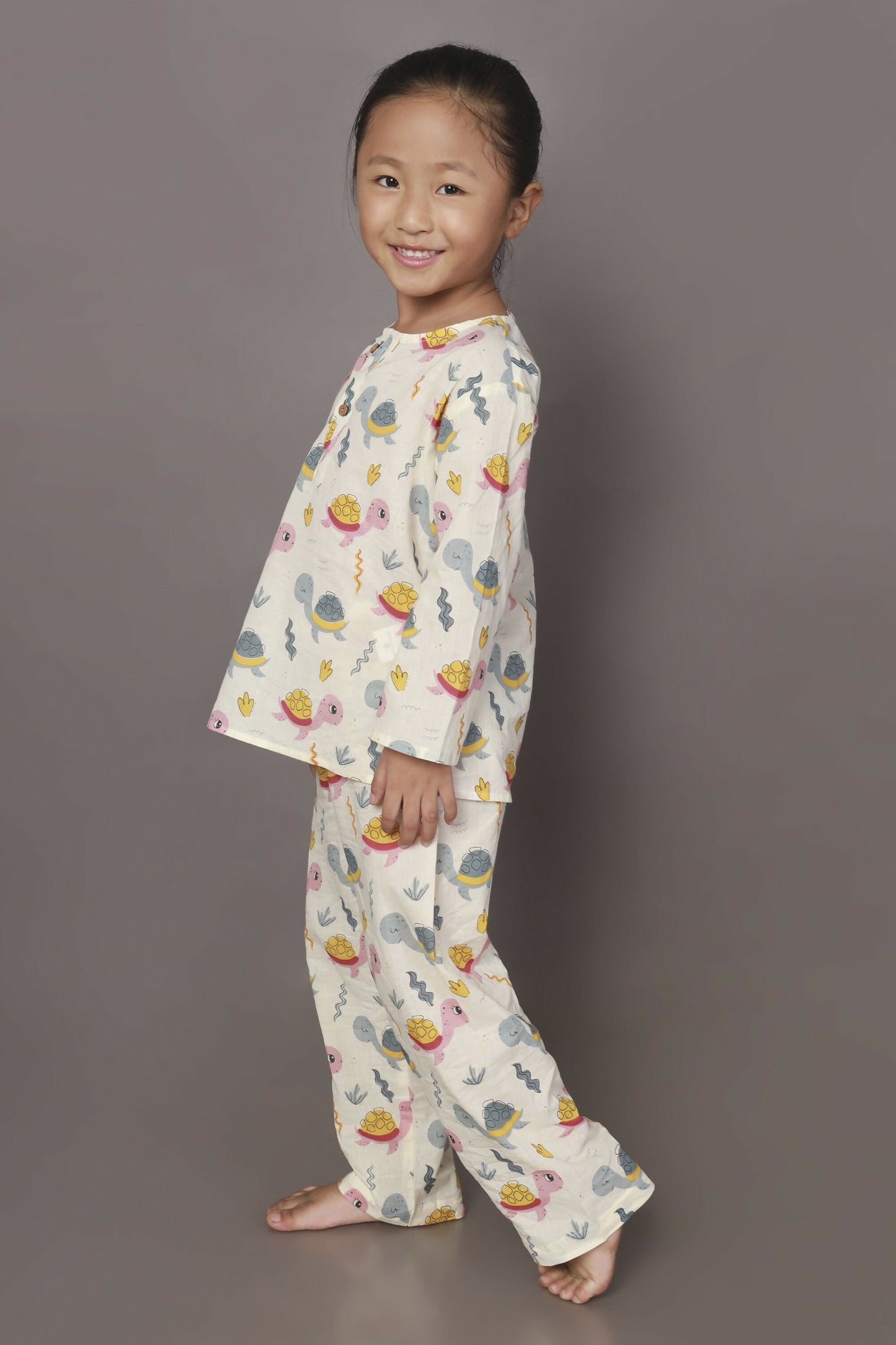 Breathables Kids Cotton Turtle Print Co-Ord Night Suit White & Multi-Color