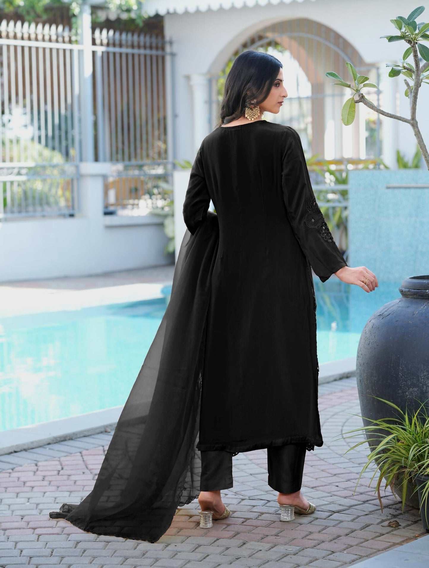 Nikhaar Black Embroidered Art Silk Stitched Straight Cut Kurta Pants Dupatta Readymade Suit