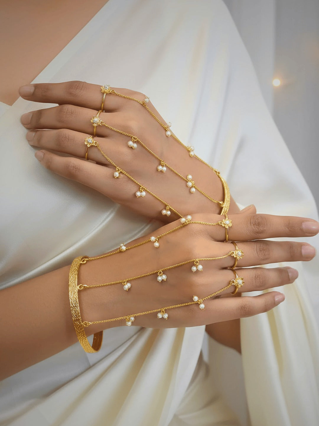 Pearl Linked Trio Hathphool Bracelet - Pair