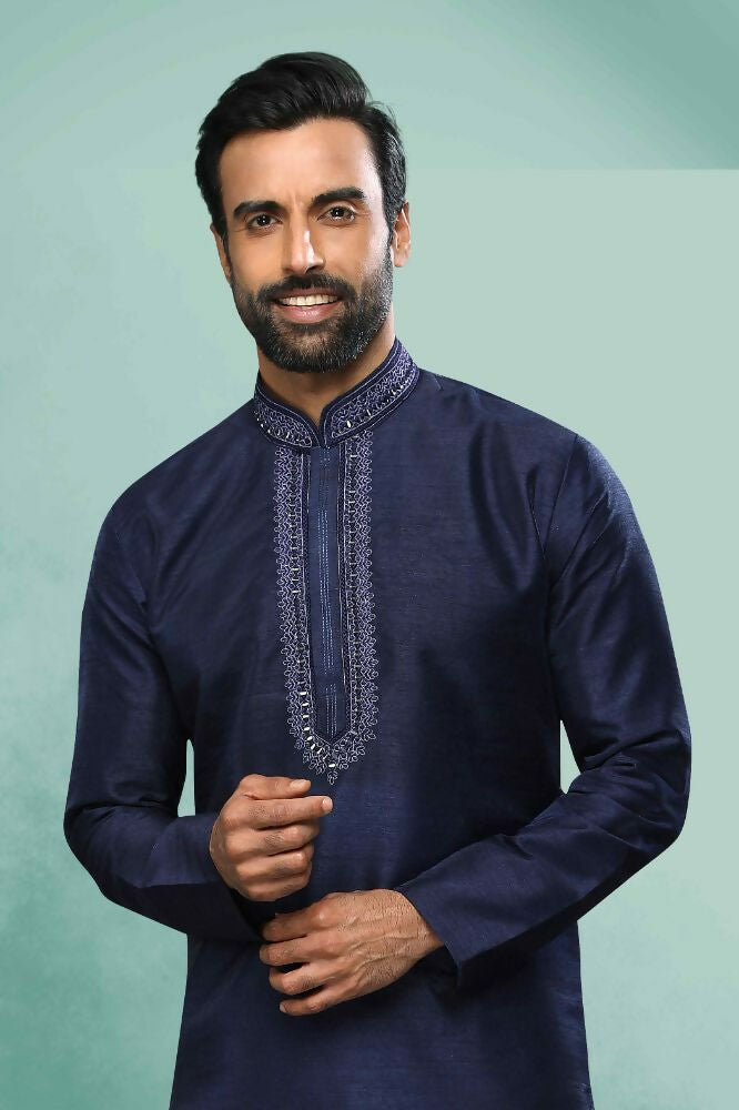 Raivat Ethnic Art Silk Mirror Embroidery Work Kurta Pajama In Blue Colour