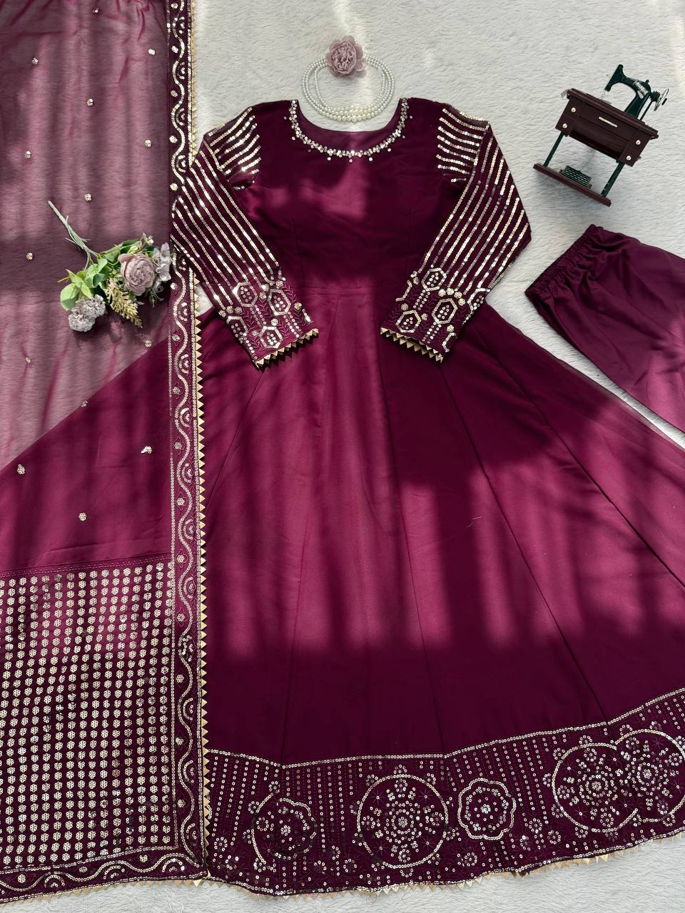 Prazu Fashion Wine Georgette Thread With Sequence Designer Anarkali Suit