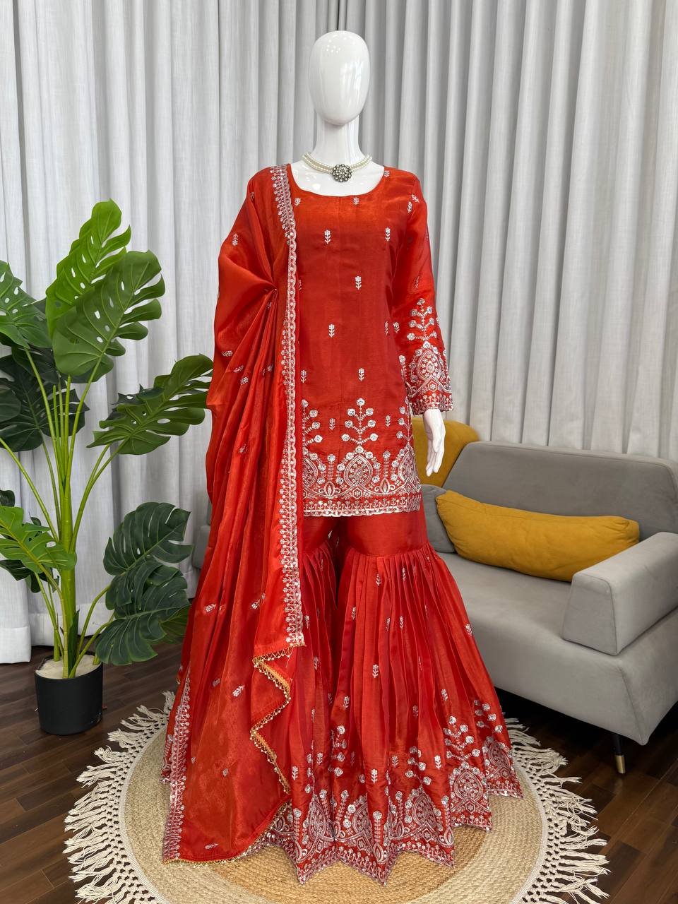 Prazu Fashion Rust Orange Art Silk Thread With Sequence Designer Sharara Suit