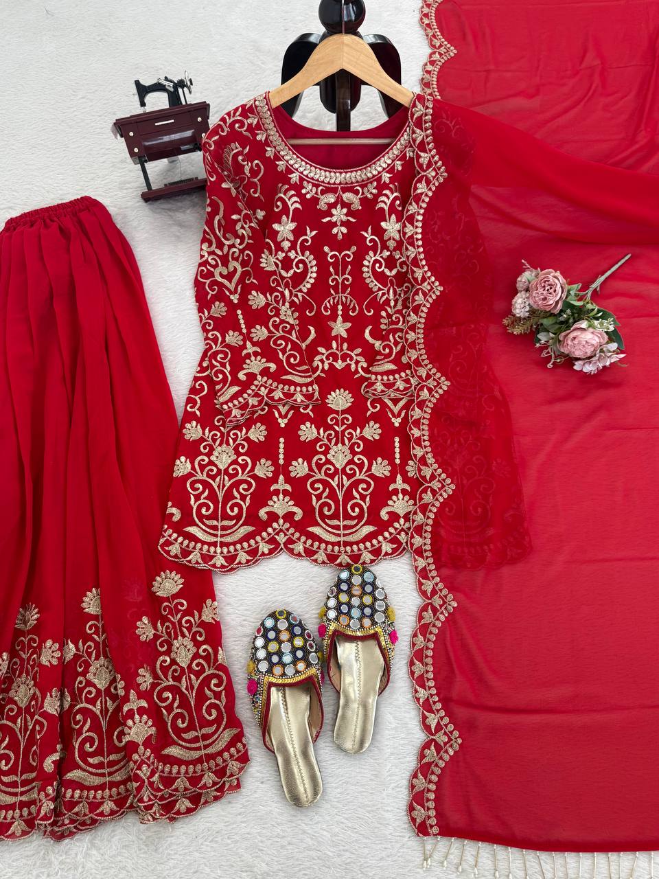 Prazu Fashion Red Georgette Thread Work Designer Sharara Suit