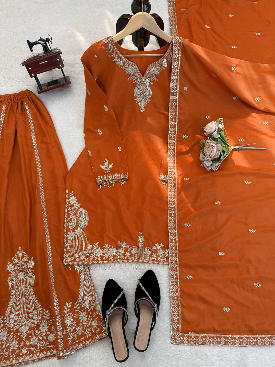 Prazu Fashion Orange Crepe Thread With Sequence Designer Sharara Suit
