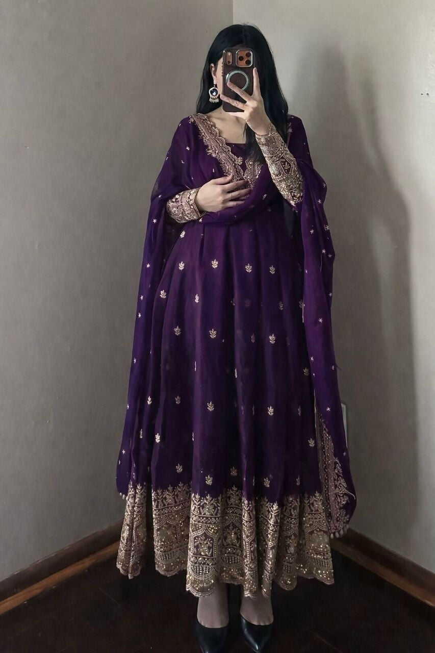 Teeya Creation Deep Purple Embroidered Anarkali Suit Set With Dupatta
