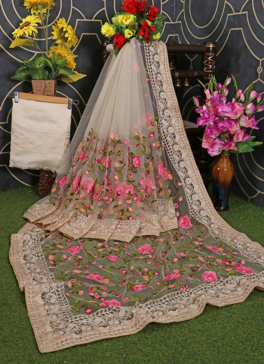 Teeya Creation Womens Latest Stylish Party Wear Soft Net Saree-Cream