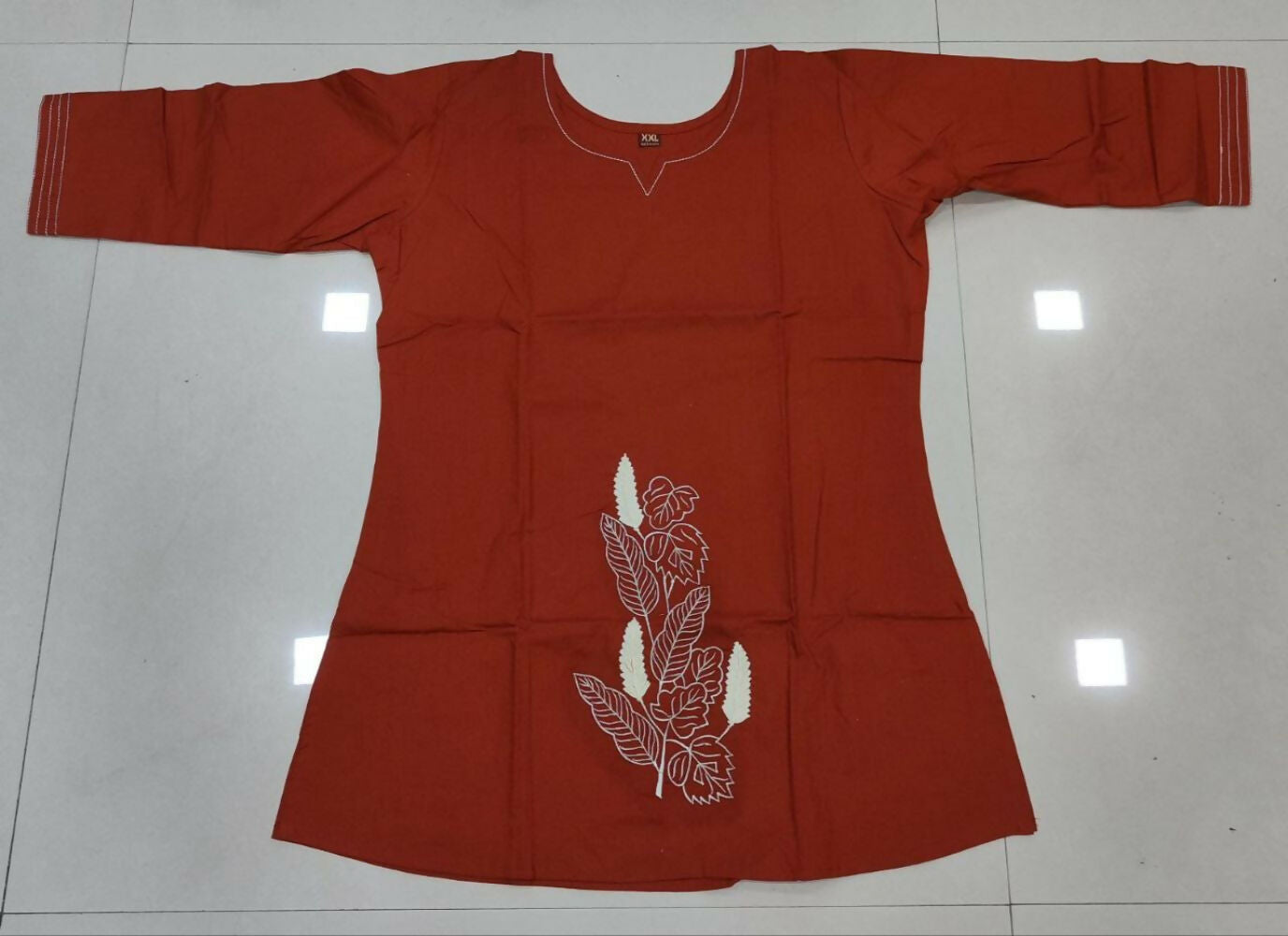 Teeya Creation Womens New Latest Cotton Orange Floral Embroidered Short Kurti