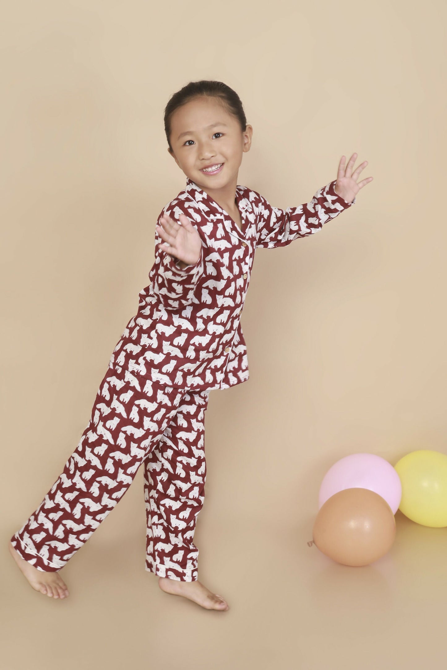 Breathables Kids Cotton Night Suit Maroon Cat Print Shirt & Pyjama Co-Ord Set For Boys & Girls