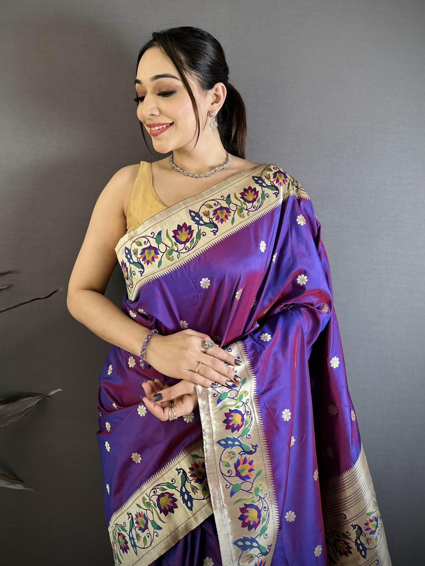 Prime Volt Premium Soft Silk Mayur Paithani Saree with Peacock Meena Weaving & Rich Pallu-Purple