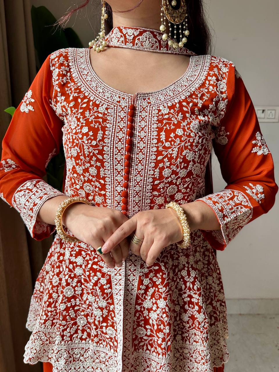 Lehenga Mart Designer Palazzo Suit With Kurta Palazzo Dupatta For Women-Rust