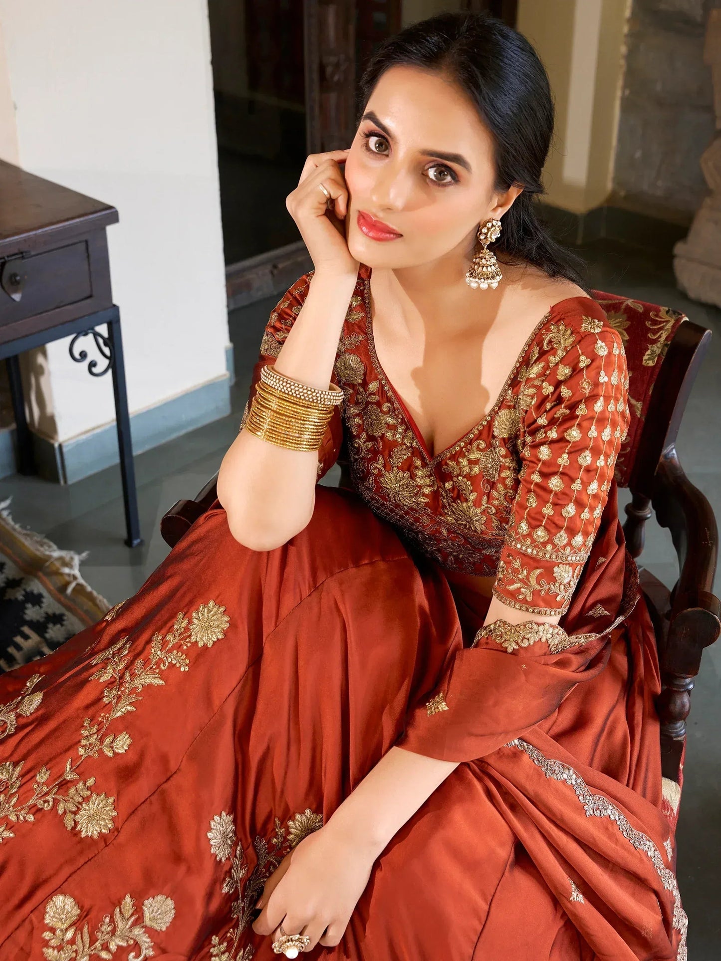 Tulsi Art Attractive Orange Thread Embroidery Silk Wedding Wear Lehenga Choli