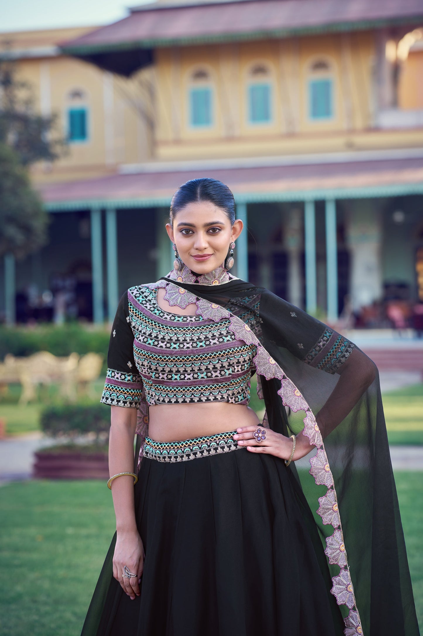 Lorenvalley Fashion Black Aurum Georgette Thread & Sequins Embroidery Work Lehenga Choli With Dupatta