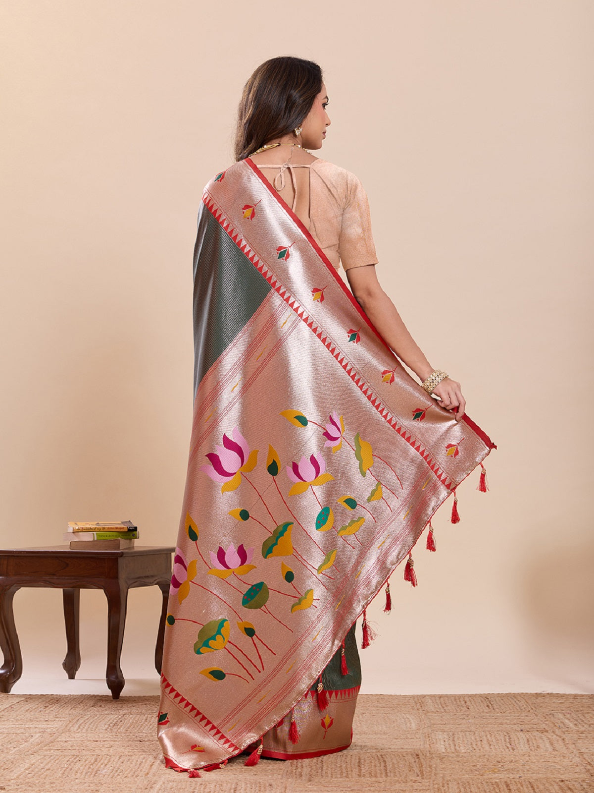 Dwija Fashion Deep Green Wedding Wear Woven Lotus Motif Work Pure Soft Silk Saree With Unstitched Blouse