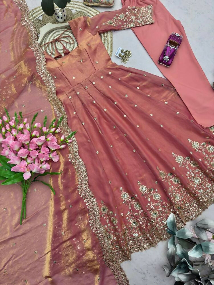 Teeya Creation Womens New Latest Trendy Elegant Peach Embroidered Anarkali Suit Set with Scalloped Dupatta