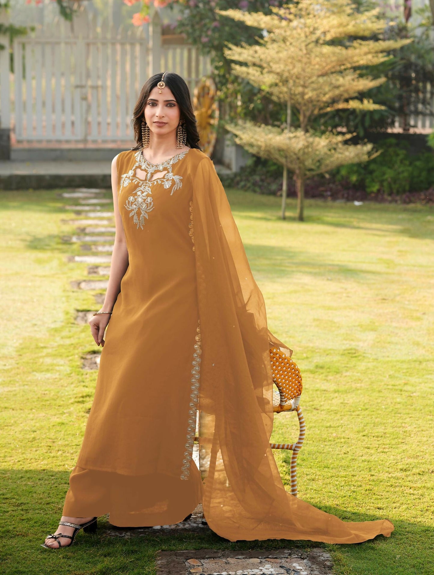 Nikhaar Light Brown Embroidered Art Silk Stitched A Line Kurta Palazzo Dupatta Readymade Suit