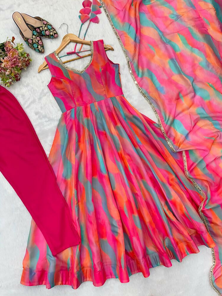 Teeya Creation New Womens Vibrant Multi-Colored Abstract Print Sleeveless Anarkali Suit with Dupatta