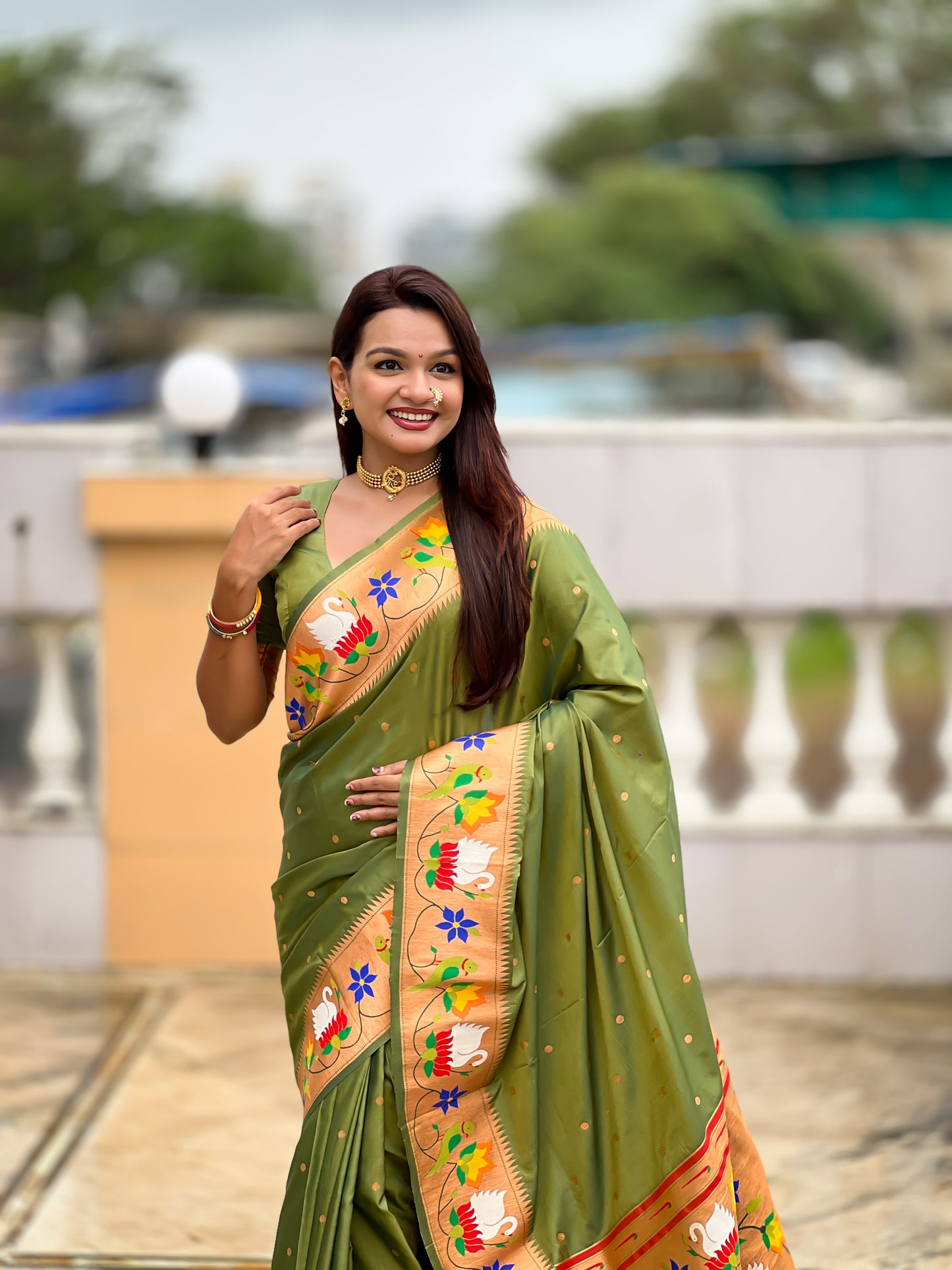 Mameraa Sarees Mahendi Green Faux Banarasi Silk Saree With Paithani Rich Weaved Pallu And Blouse-Green