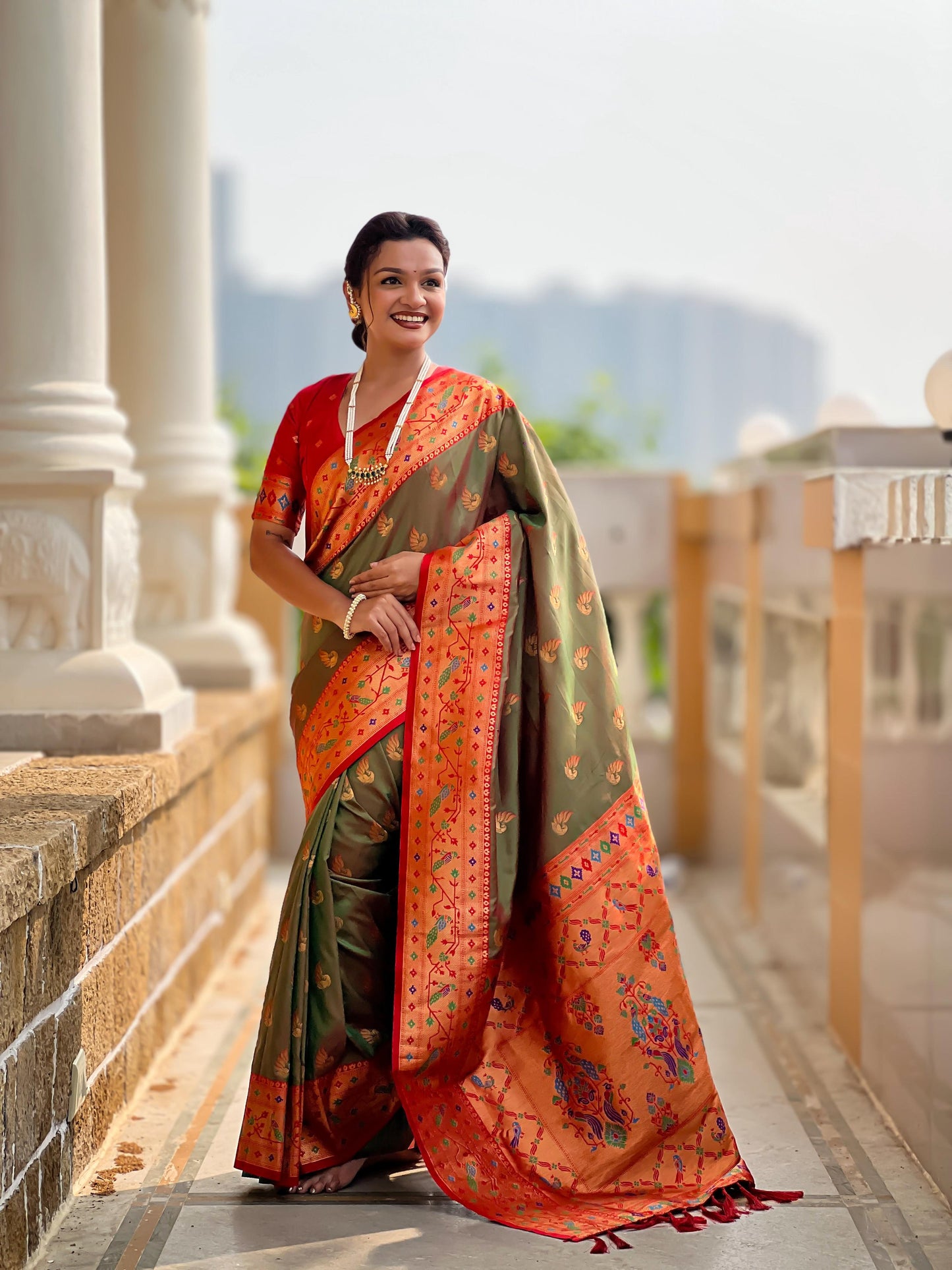 Mameraa Sarees Mahendi Green Faux Banarasi Silk Saree With Paithani Rich Weaved Pallu And Blouse-Teal