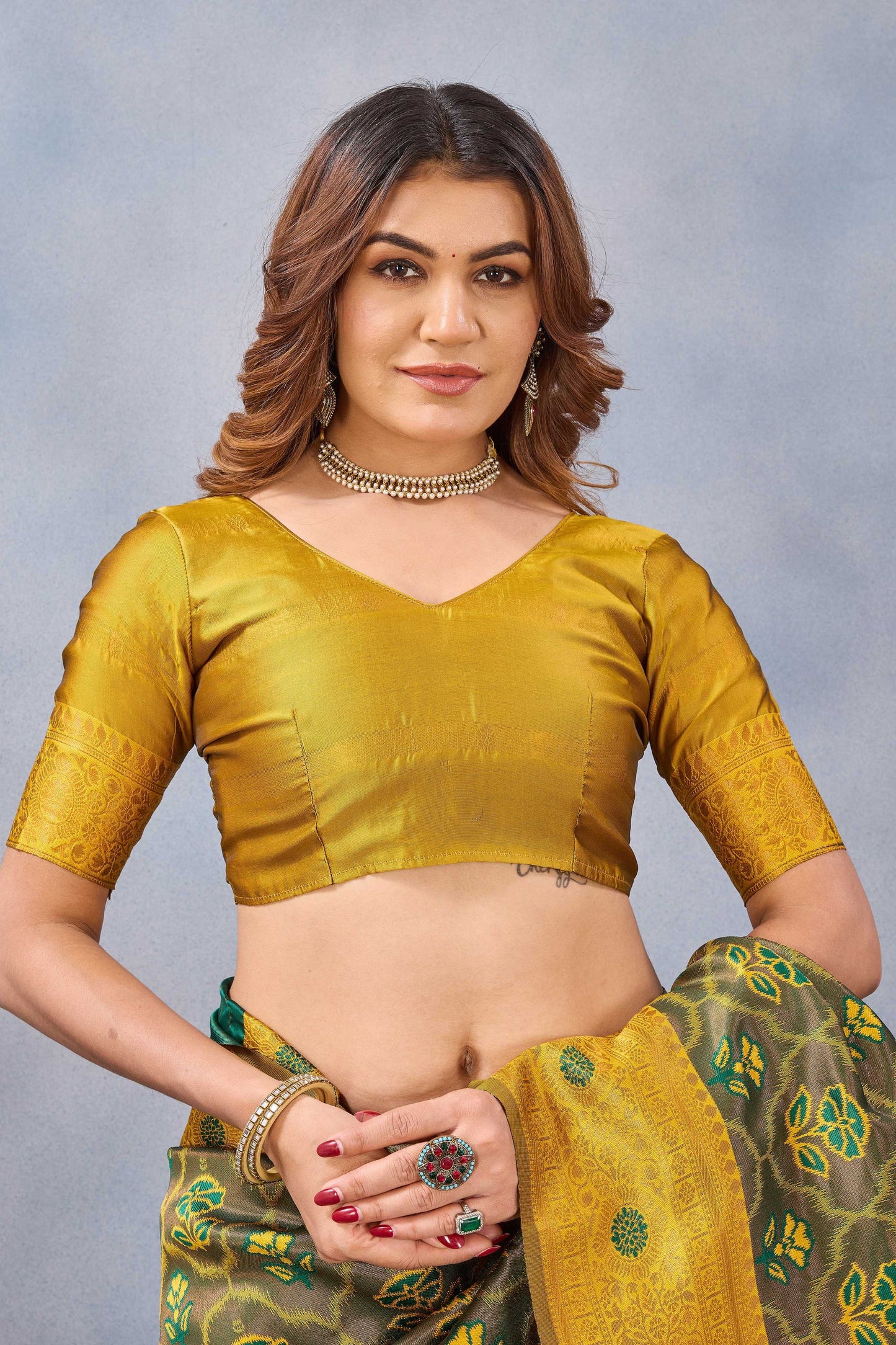 Divine International Trading Co Green Mustard Soft Silk Blend Banarasi Jacuard Work Designer Party Wear Saree With Unstitched Blouse Piece