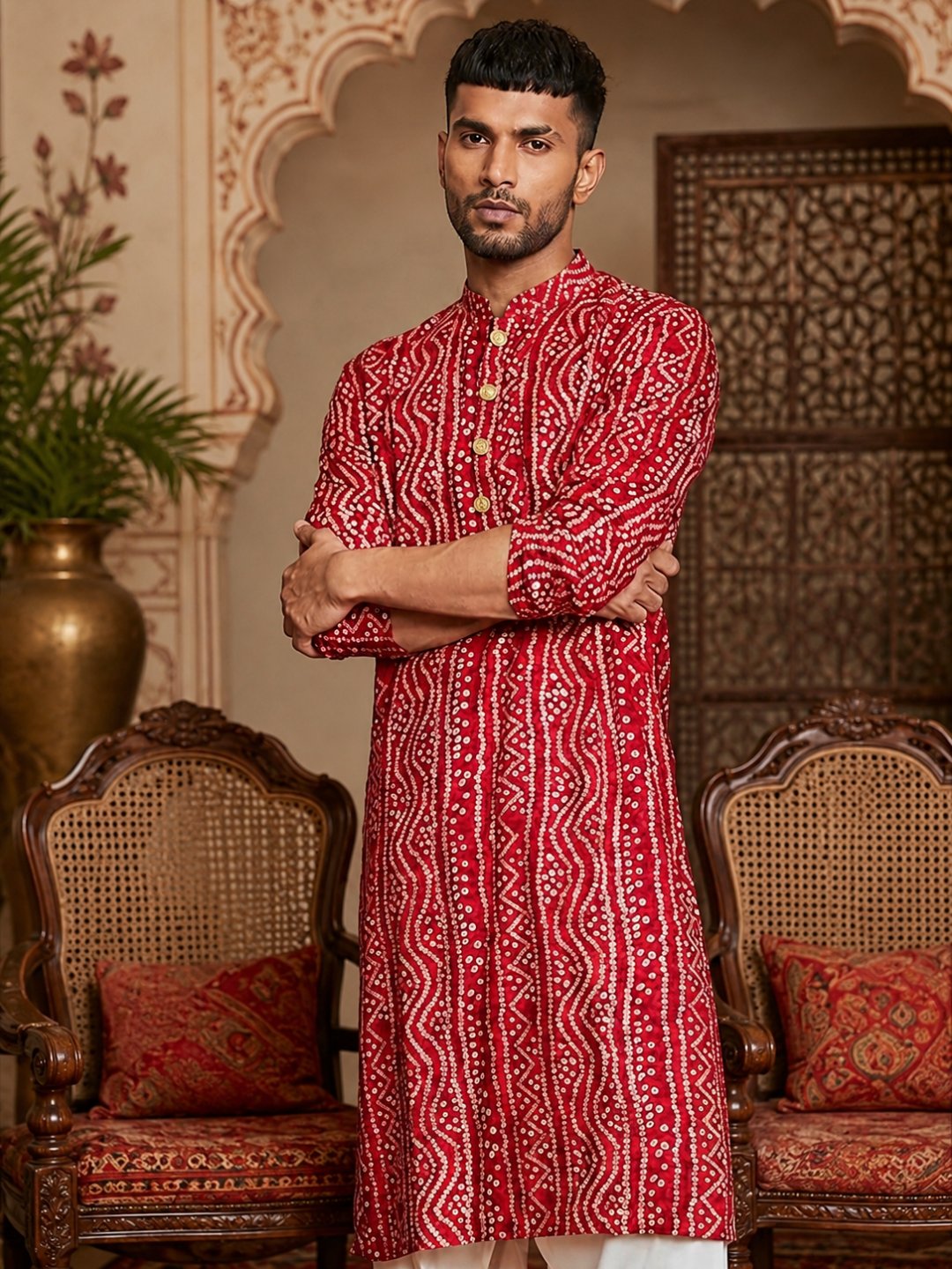 MULTI SHADES Men's Red Rayon Kurta Set