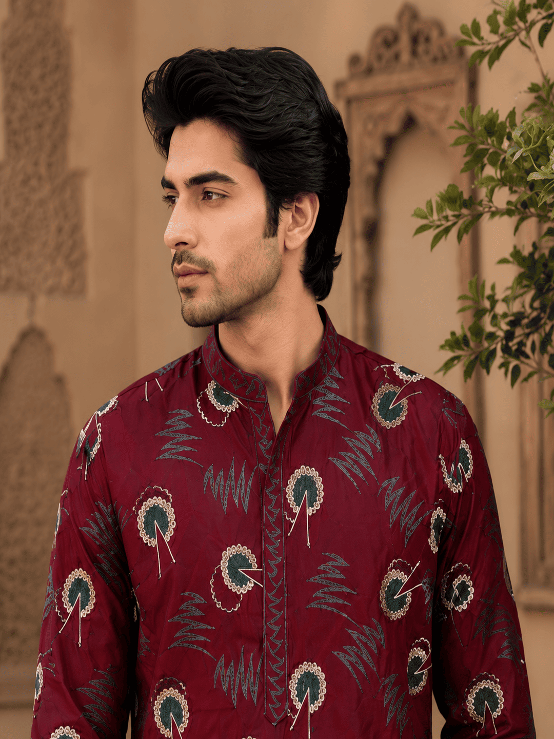 MULTI SHADES Regal Maroon Printed Mens Ethnic Kurta