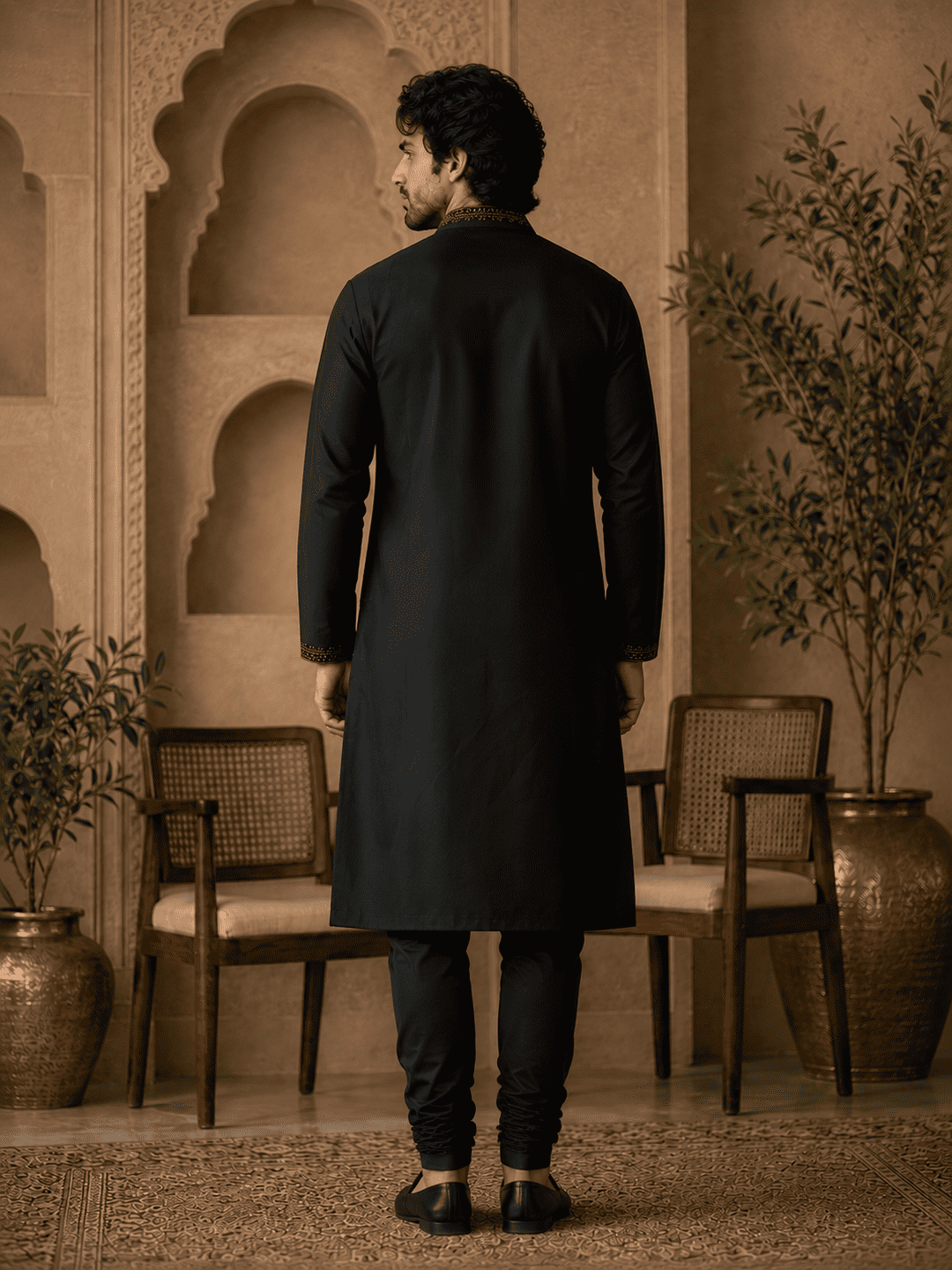 MULTI SHADES Midnight Black Royal Embroidered Kurta Set with Stole