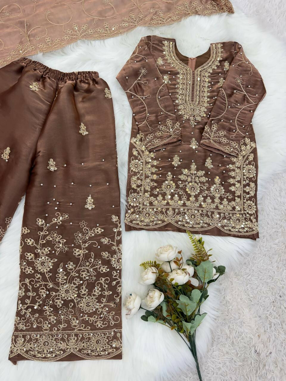 Teeya Creation Girls Heavy Embroidery Brown Ethnic Kurta And Palazzo Set With Net Dupatta