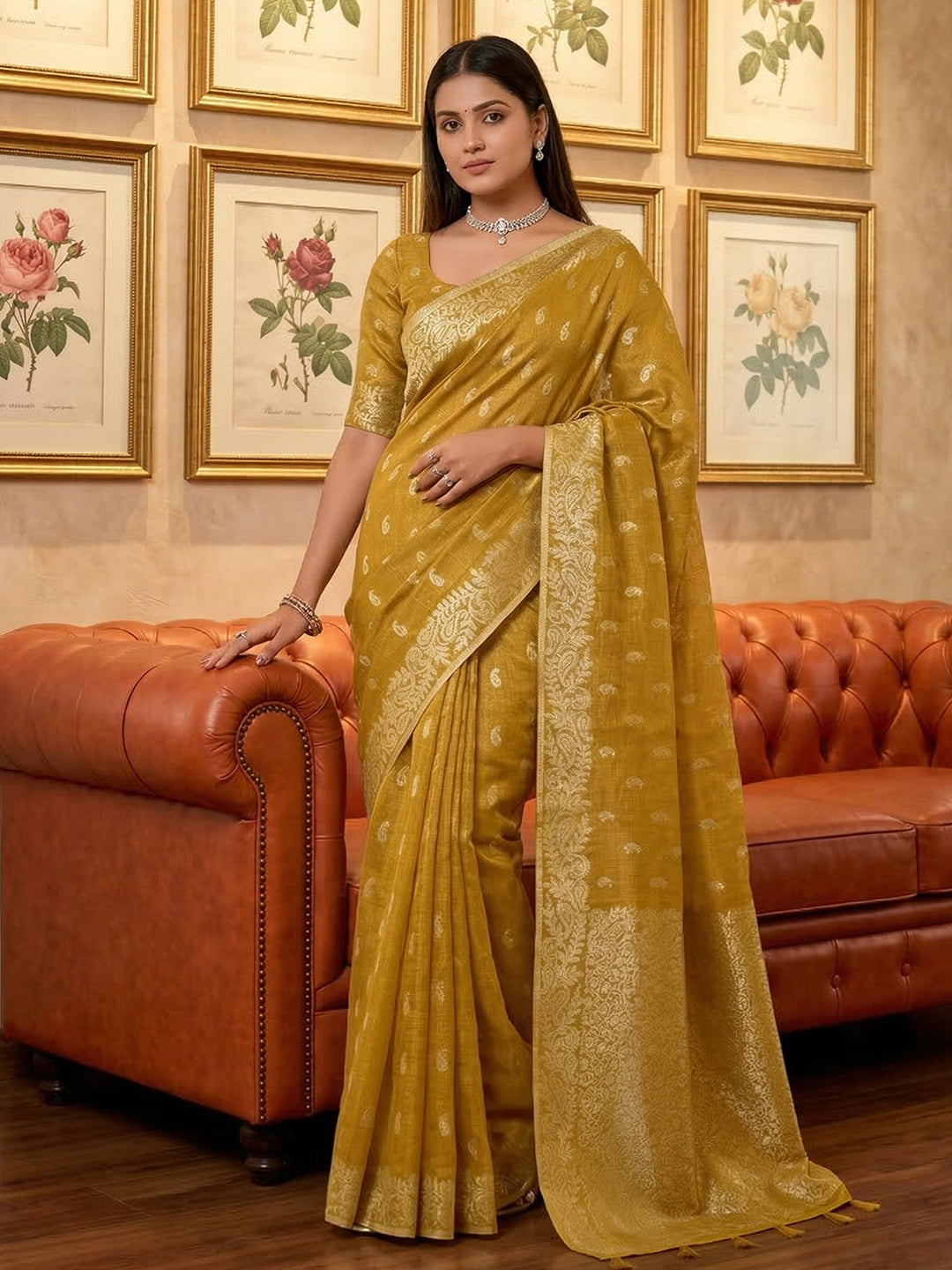 Anaita Mustard Woven Tissue Silk Saree With Blouse