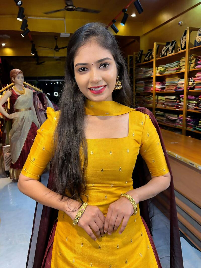 Teeya Creation New Maroon and Yellow Banarasi Silk Half Saree Lehenga Choli with Pleated Dupatta