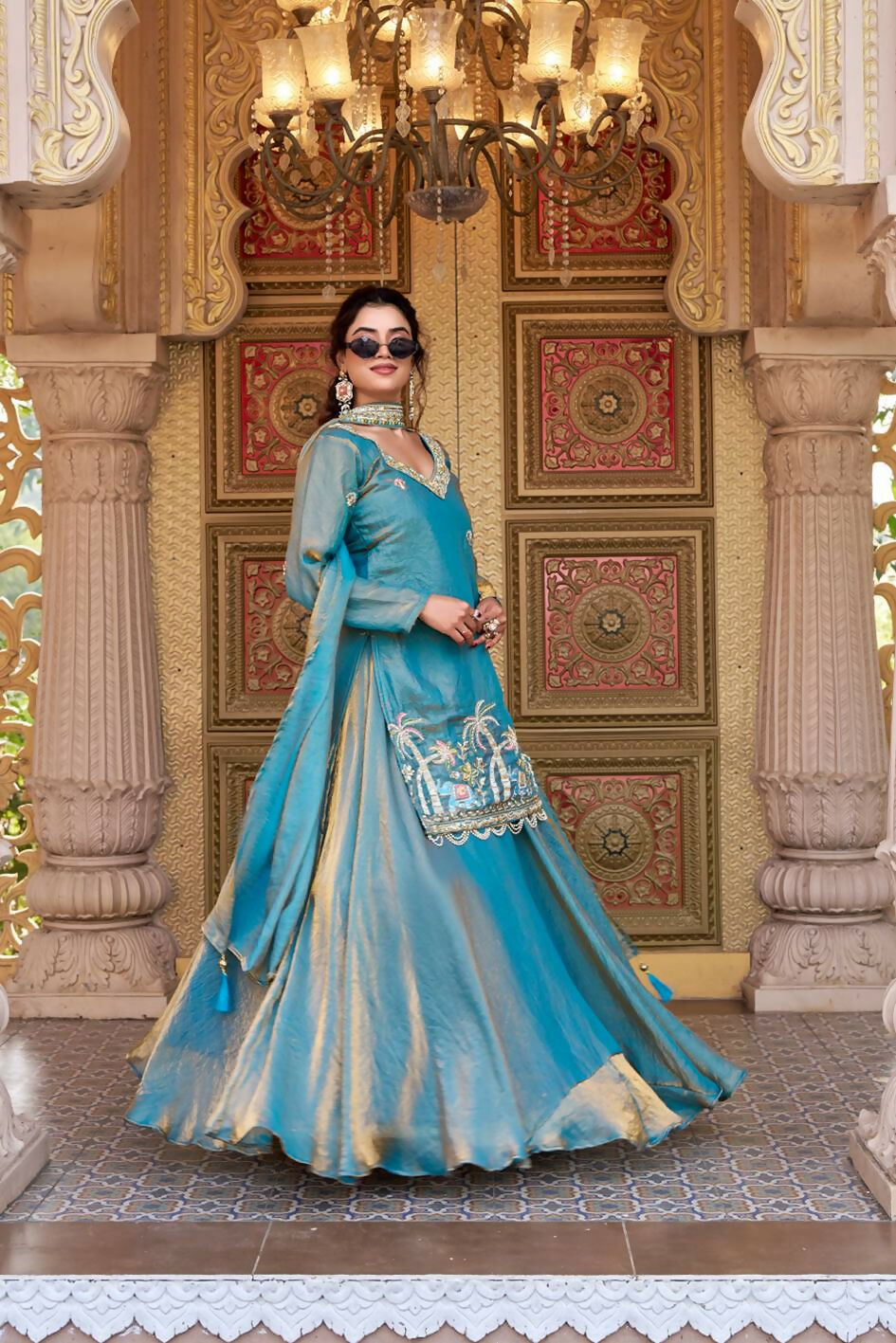 Teeya Creation Womens New Stylish Moti Beads With Cording Sequence Thread Embroidery Work Aqua-Blue Kurta Set