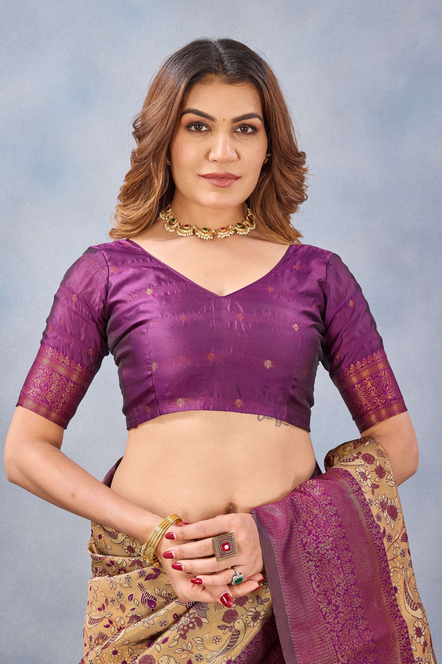 Divine International Trading Co Beige Wine Soft Silk Blend Banarasi Jacuard Work Designer Party Wear Saree With Unstitched Blouse Piece