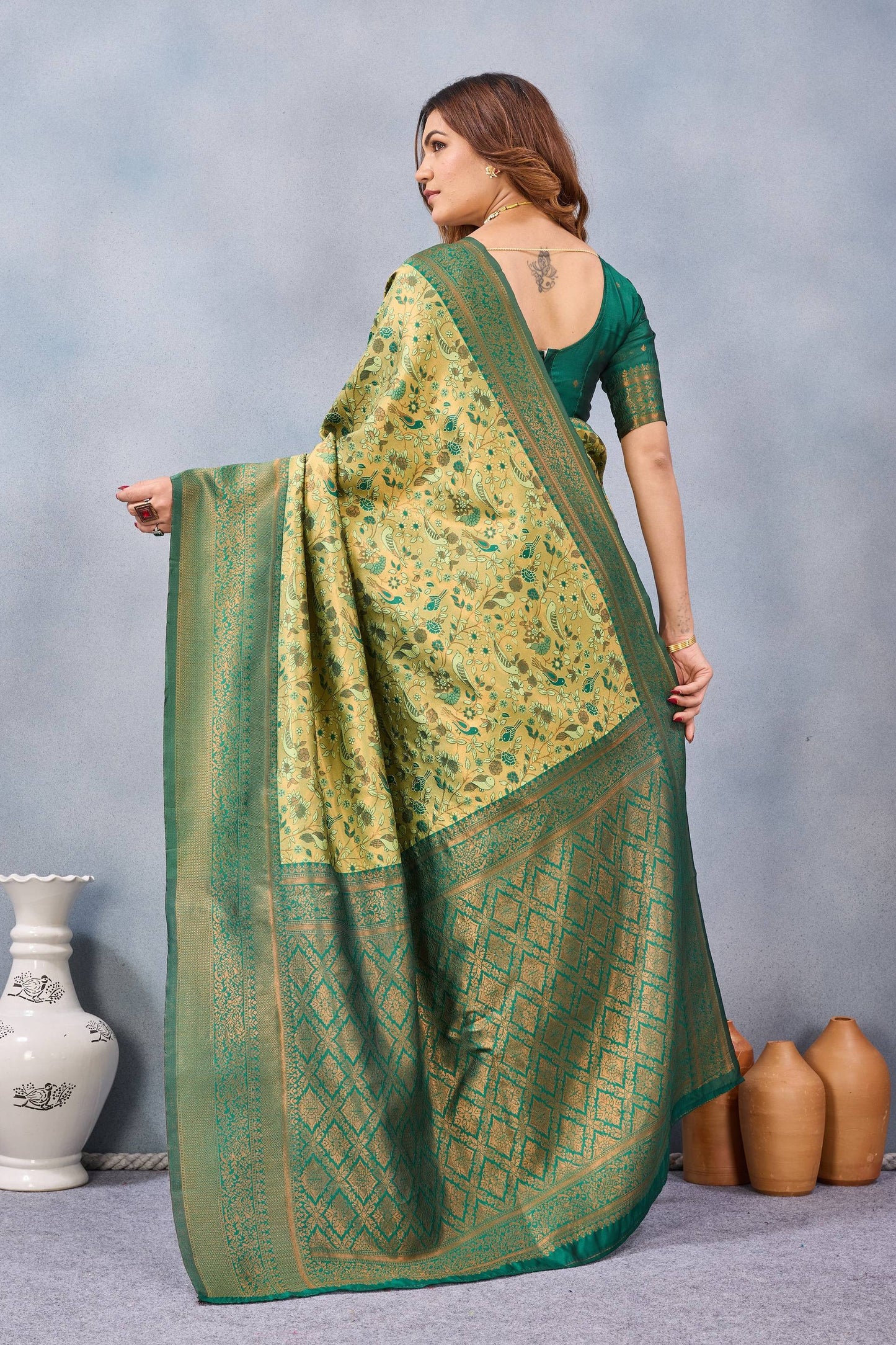 Divine International Trading Co Parrot Green Soft Silk Blend Banarasi Jacuard Work Designer Party Wear Saree With Unstitched Blouse Piece