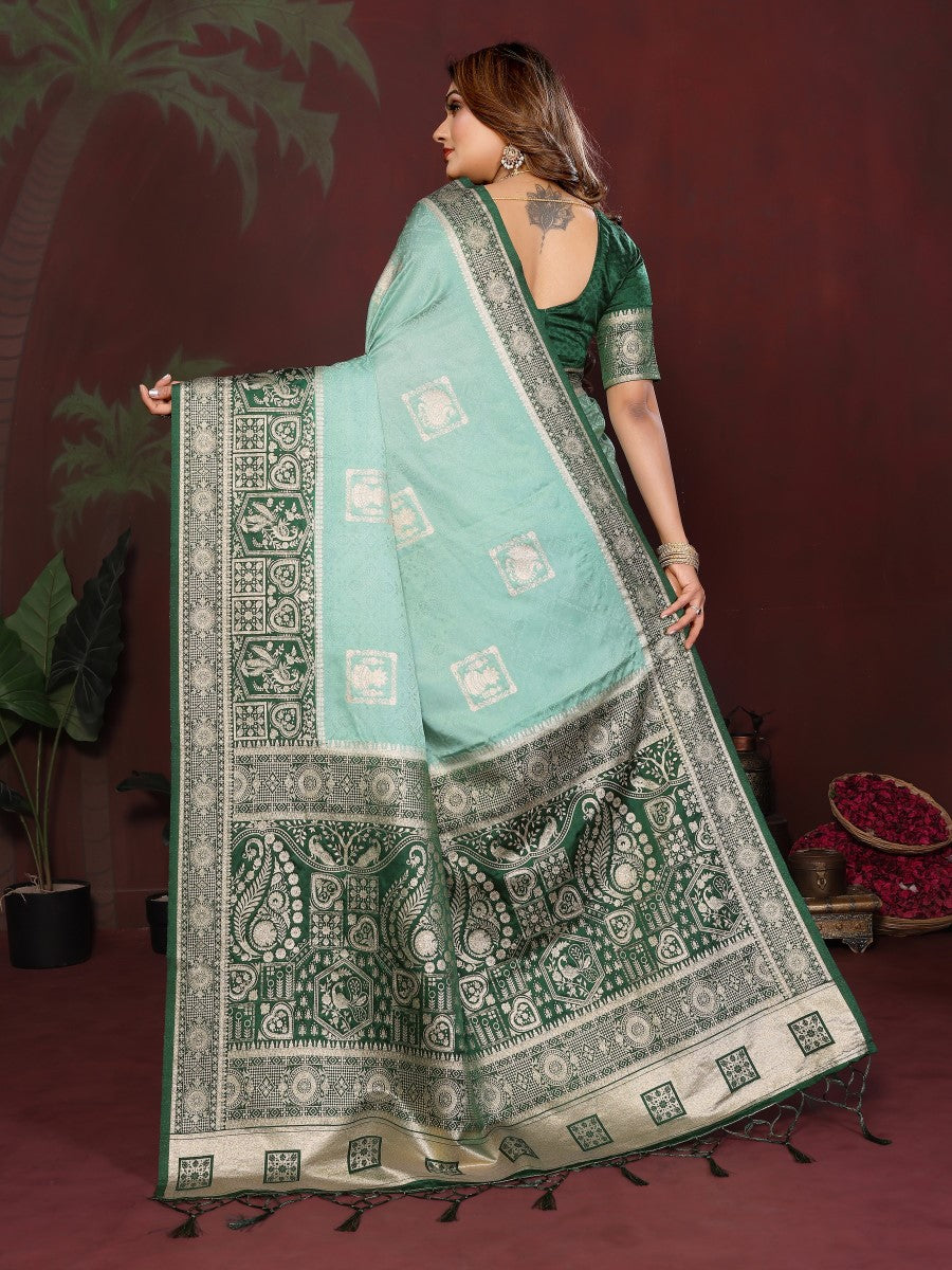 Anaita Mint Zari Butta Work Satin Silk Saree With Blouse