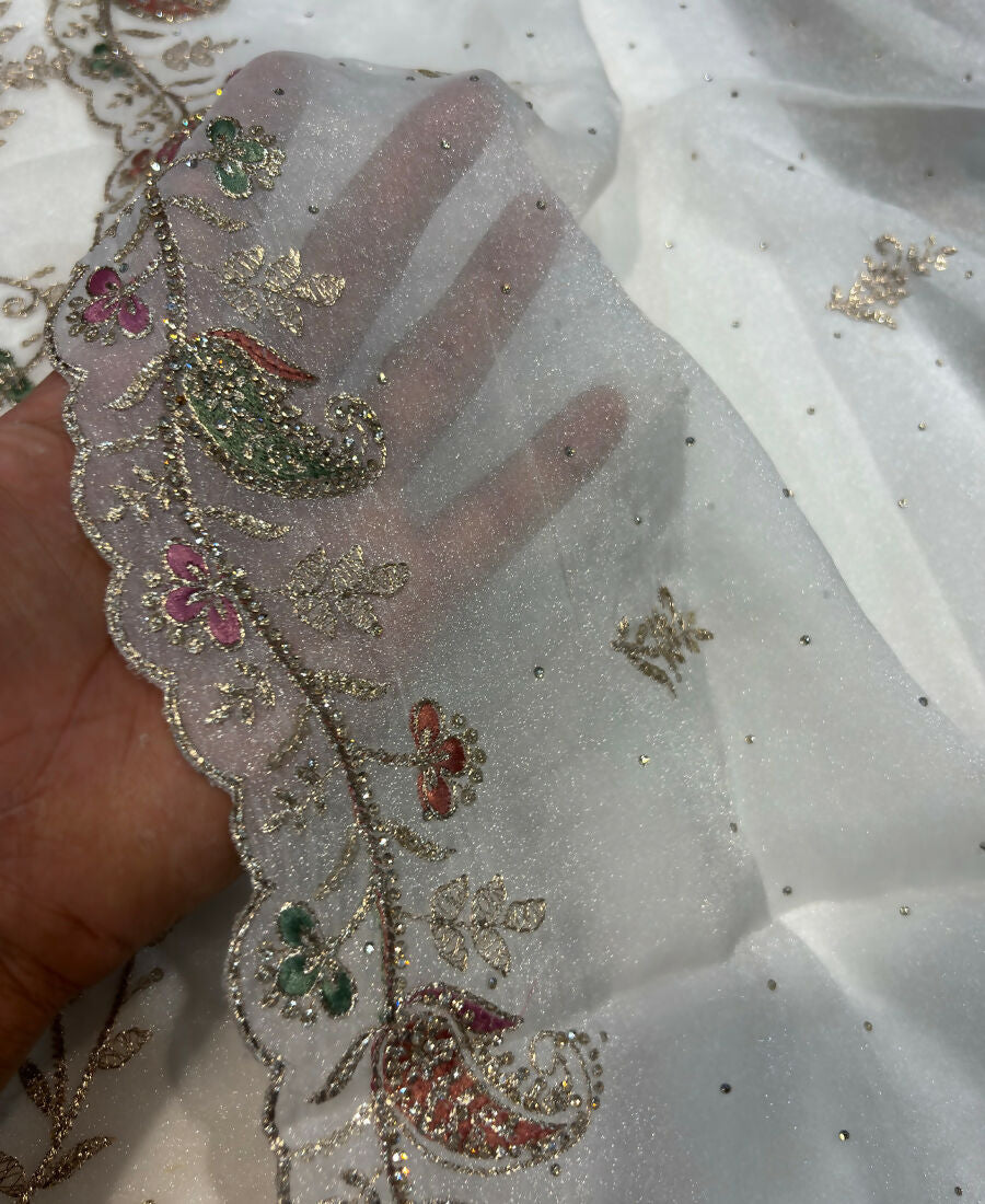 KC Heavy Embroidery Worked Two Ton Moss Silk White Suit For Women